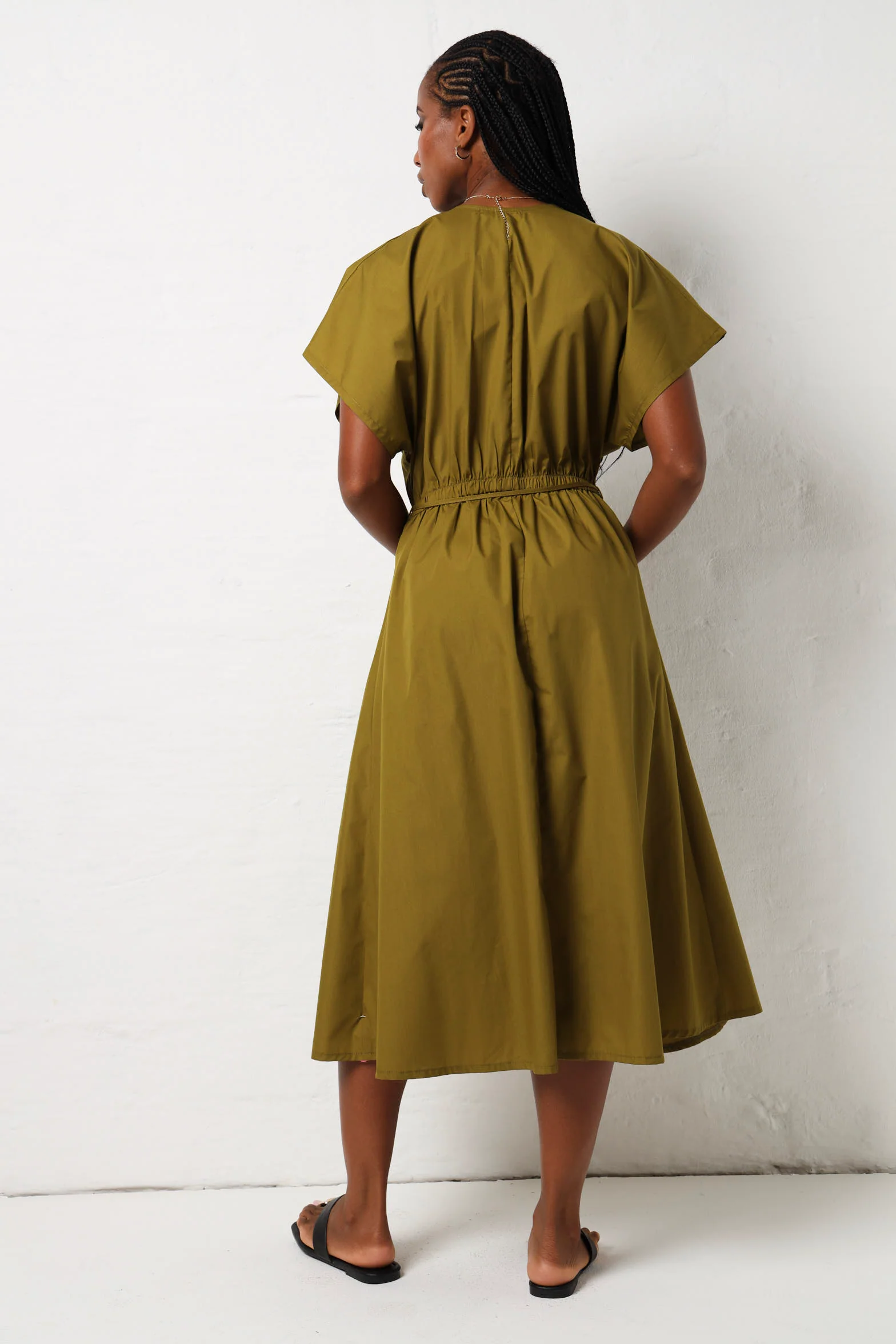 Batwing Pleat Detail Poplin Midaxi Dress - Green - Image 4