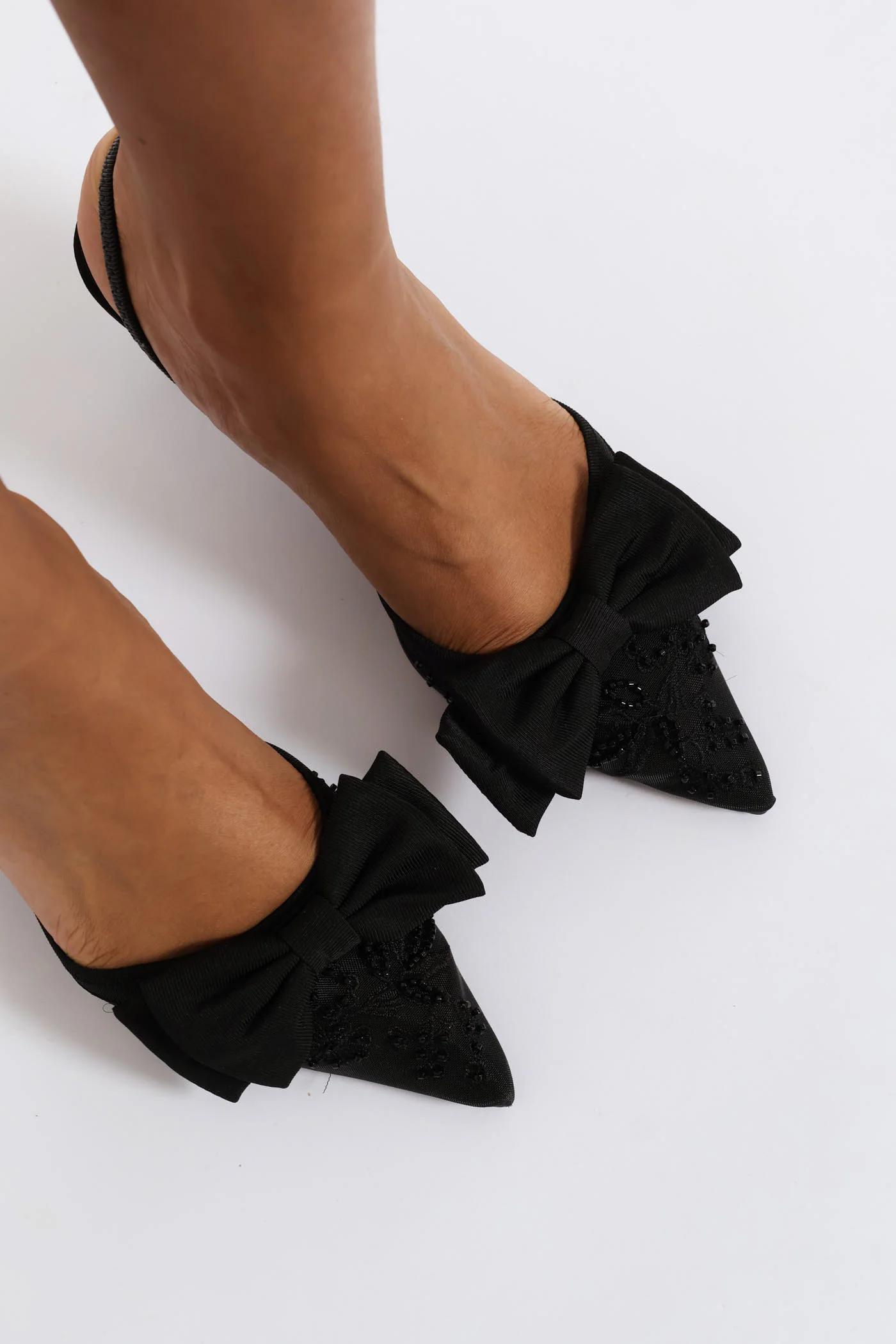 Beaded Mesh Bow Slingback Court Heel - Black