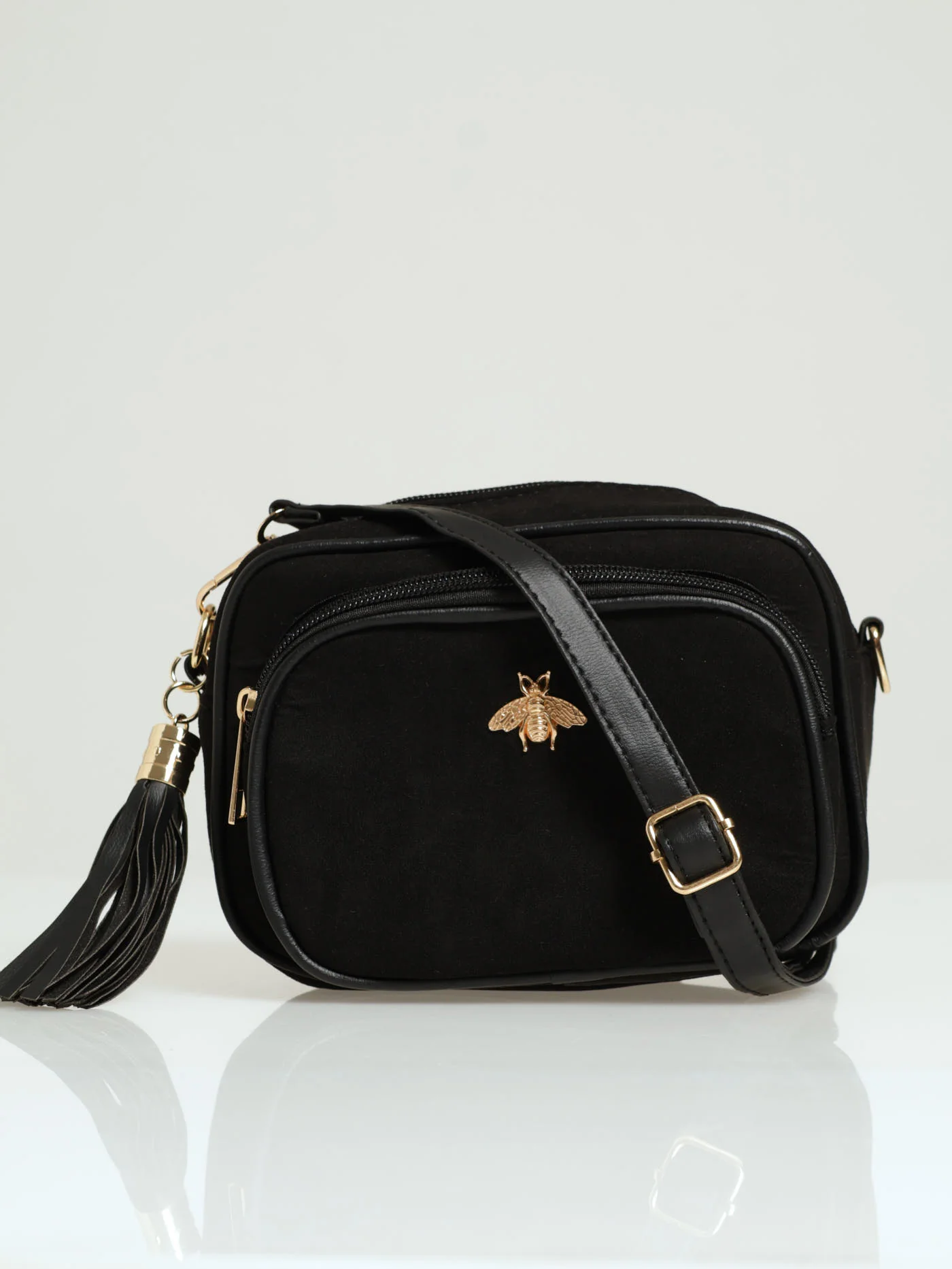 Bee Charm Double Zip Messenger Bag - Black