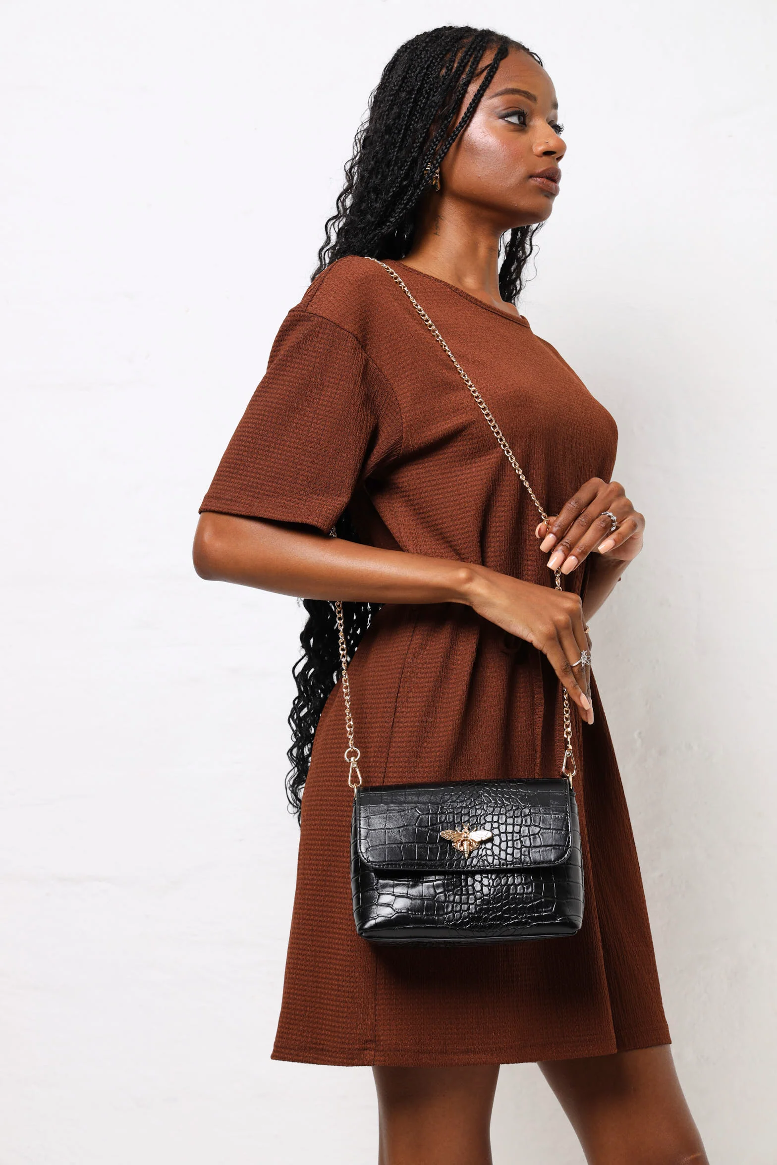 Bee Clasp Satchel Bag - Black/Gold