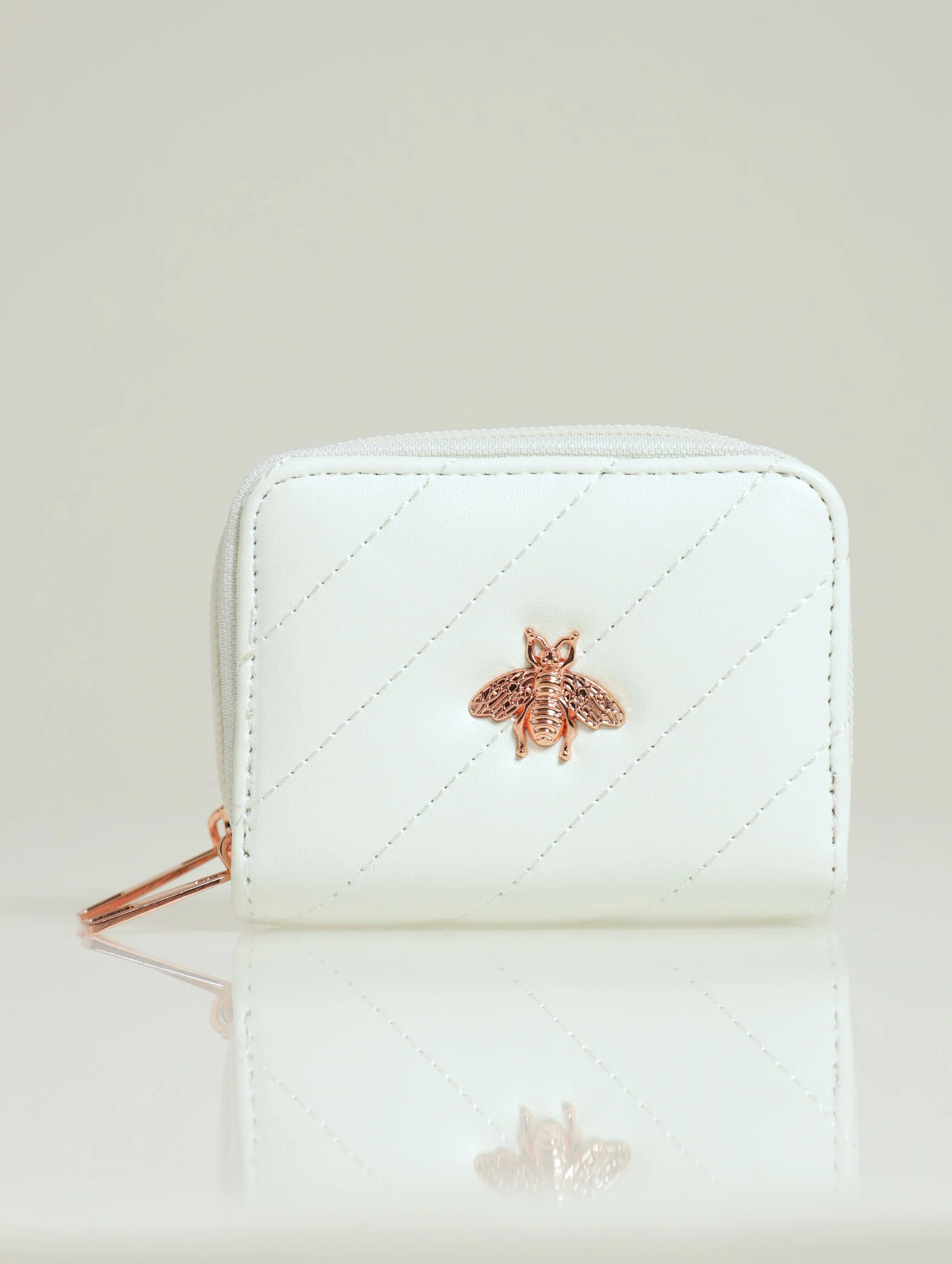 Bee Trim Quilted Double Zip Wallet - White