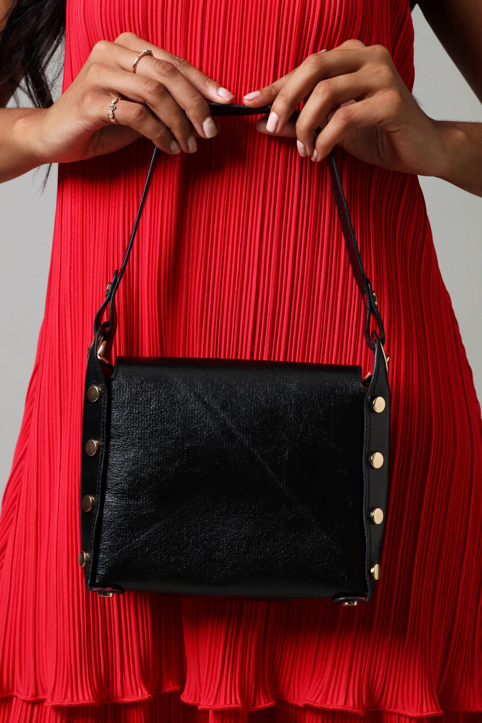 Bee Trim Side Stud Detail Satchel Bag - Black/Gold - Image 2
