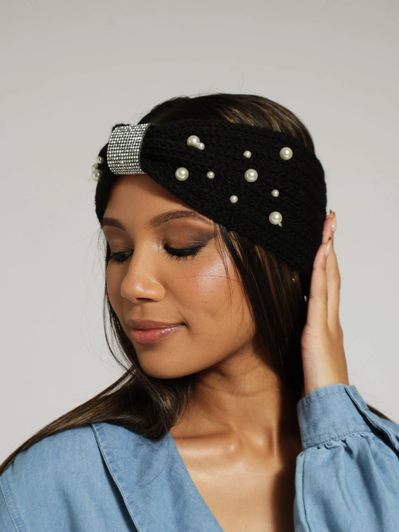 Bejewelled Cable Knit Headband - Black