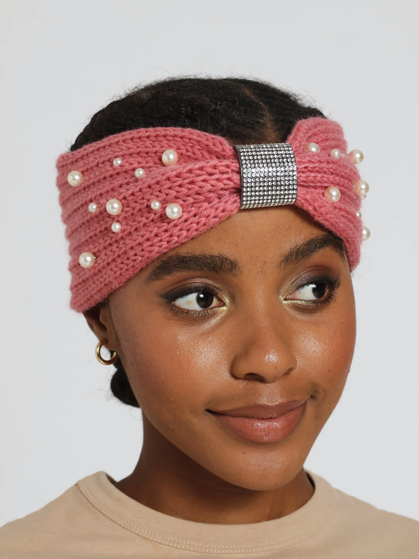 Bejewelled Cable Knit Headband - Dusty Pink