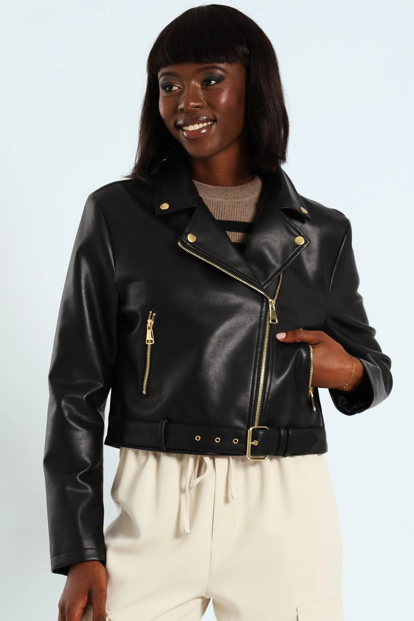 Belted Biker Jacket With Gold Trims - Black