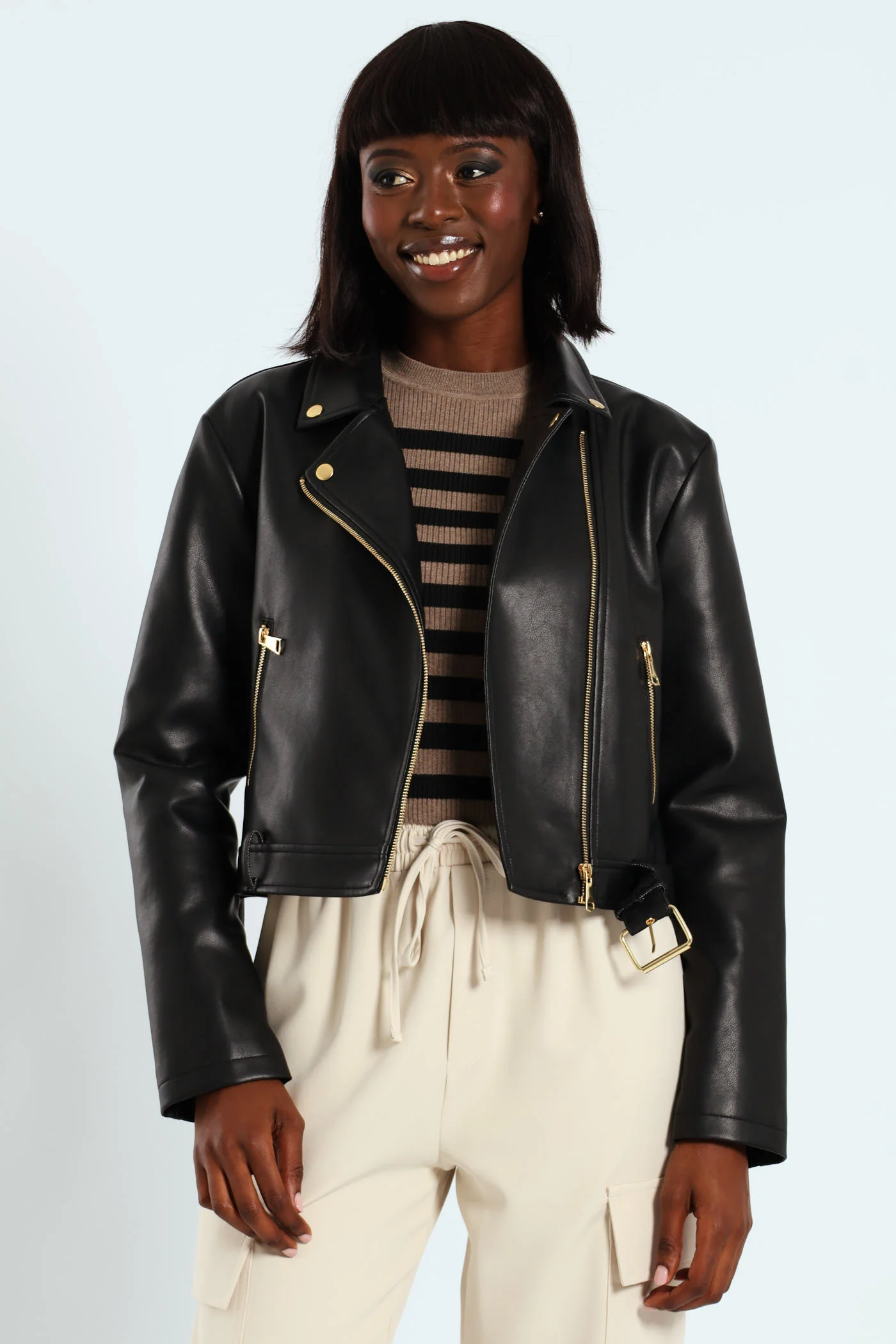 Belted Biker Jacket With Gold Trims - Black - Image 2
