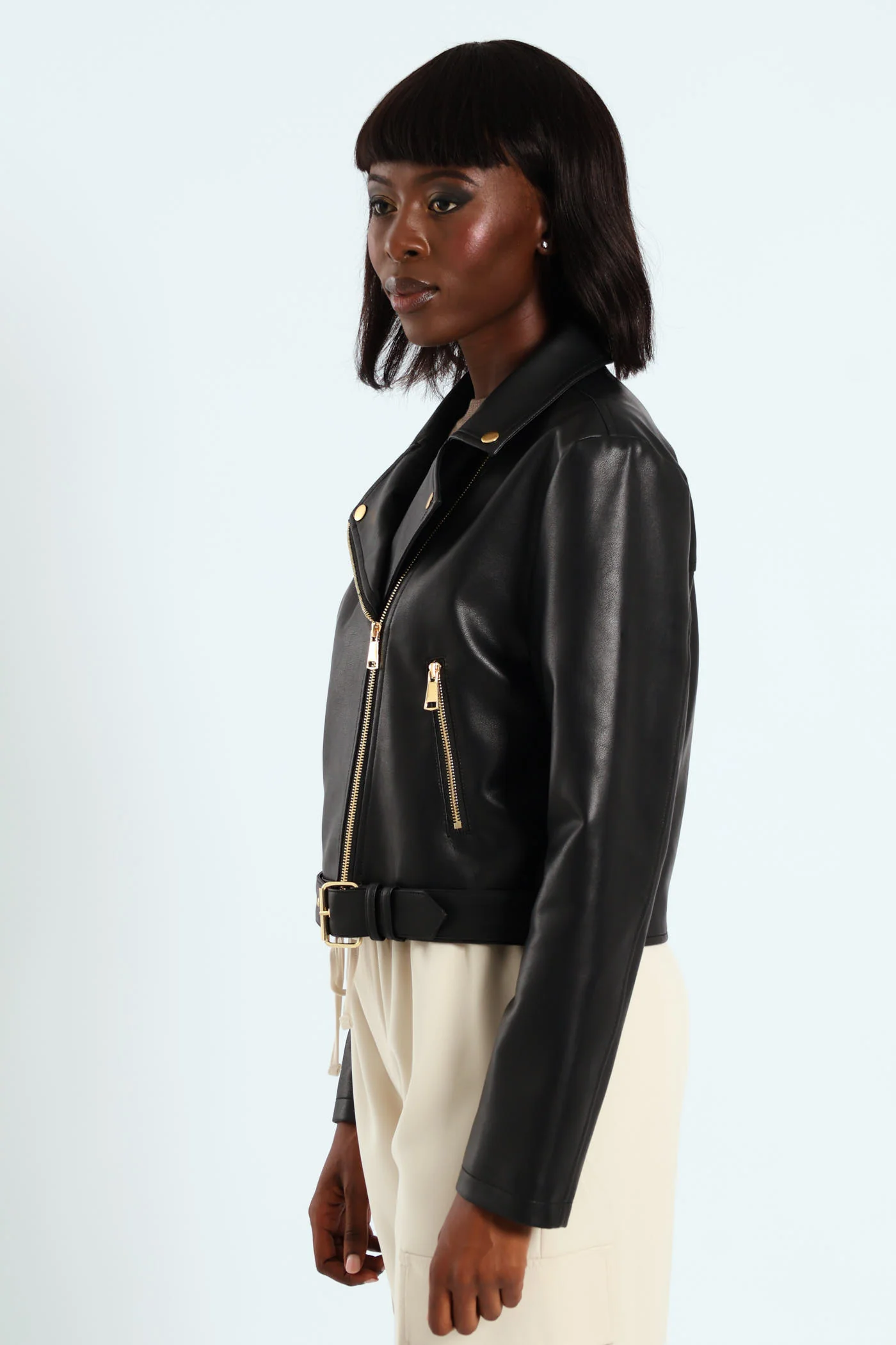 Belted Biker Jacket With Gold Trims - Black - Image 3