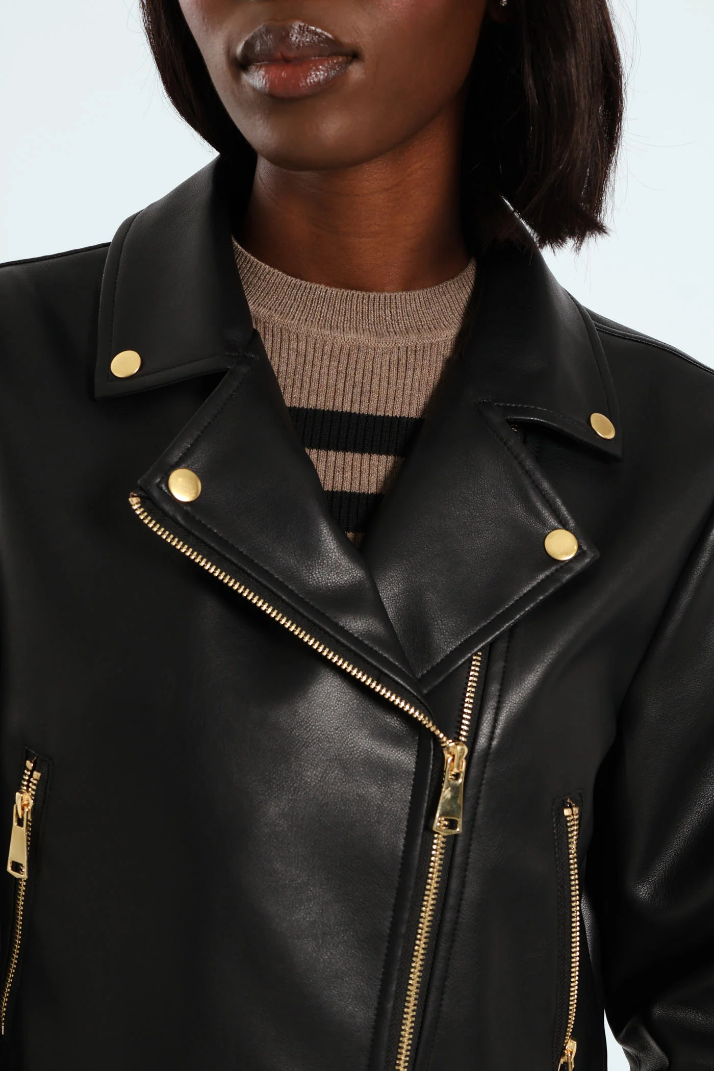 Belted Biker Jacket With Gold Trims - Black - Image 6