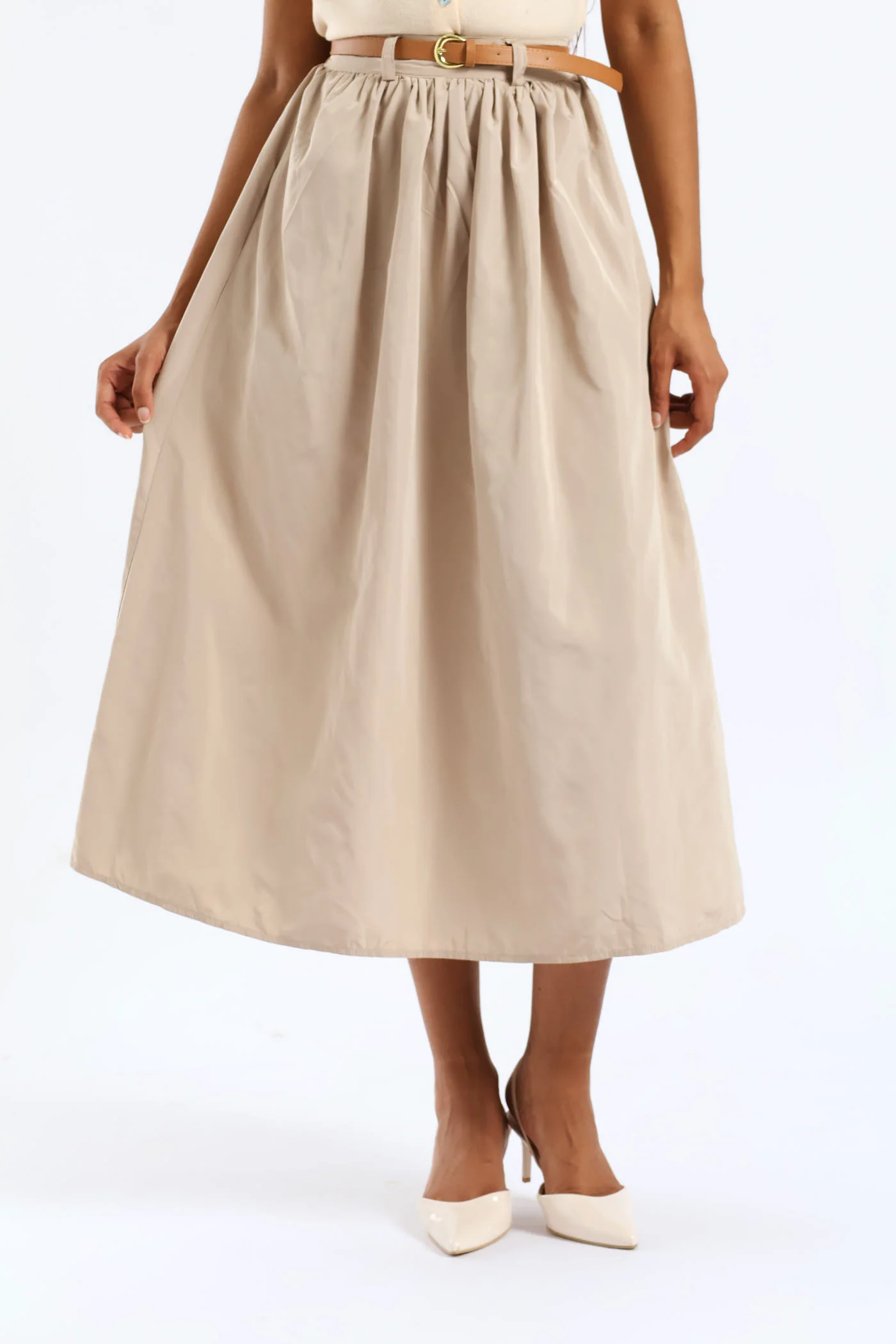 Belted Flared Midi Skirt - Beige