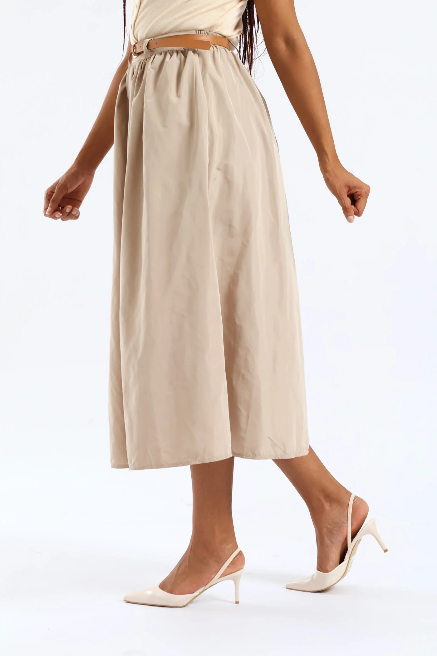 Belted Flared Midi Skirt - Beige - Image 3