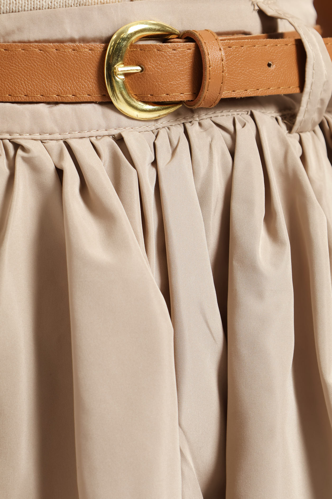 Belted Flared Midi Skirt - Beige - Image 5
