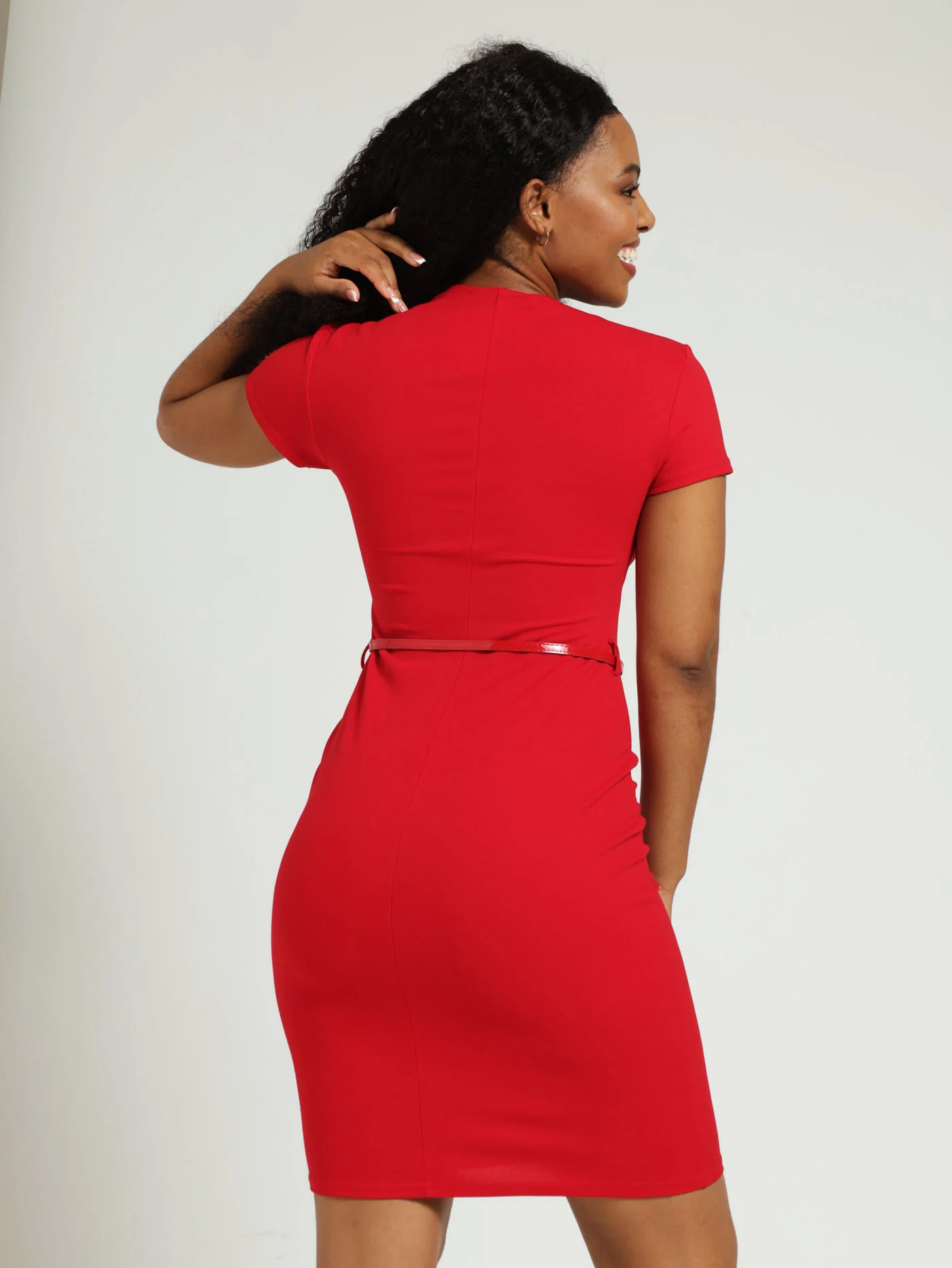 Belted Midi Bodycon Dress - Red - Image 3