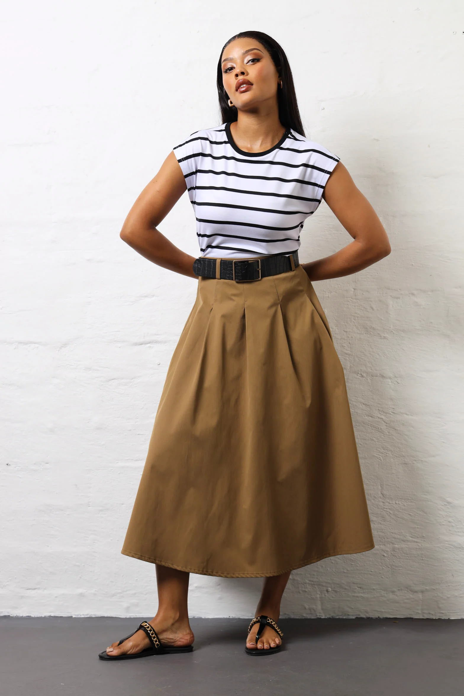 Belted Panel Detail Twill Midi Skirt - Olive