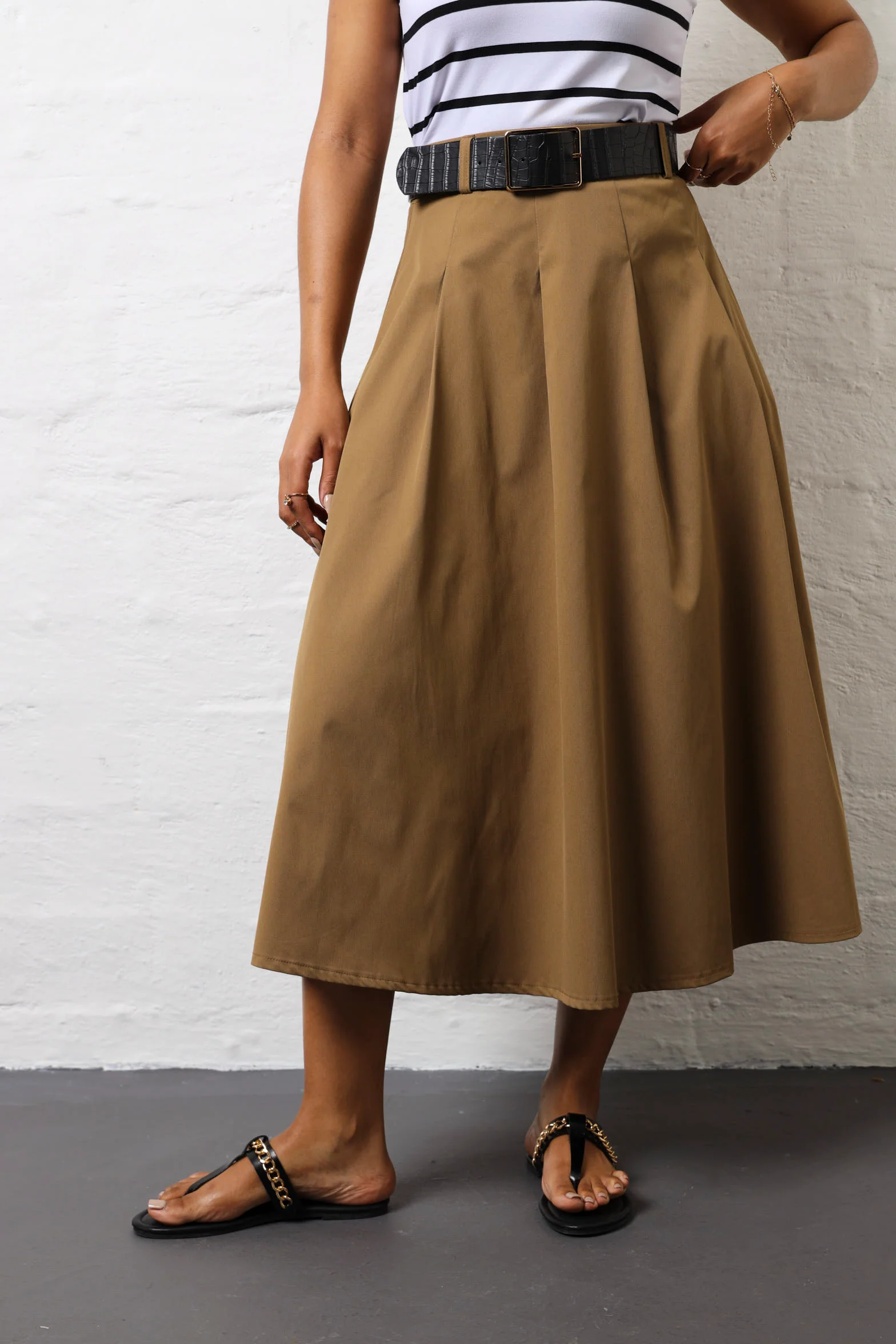 Belted Panel Detail Twill Midi Skirt - Olive - Image 2