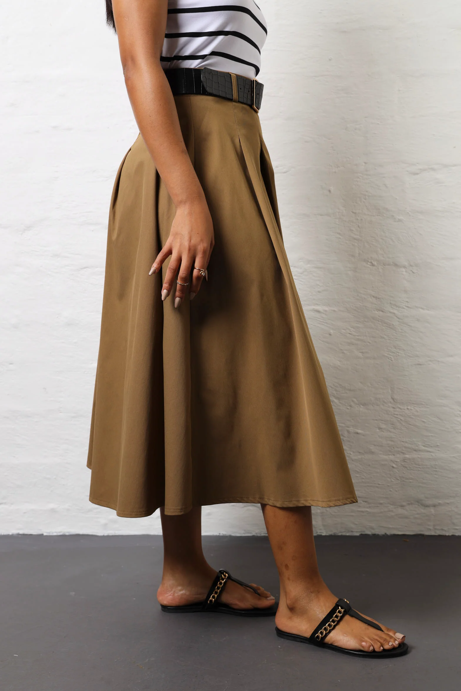 Belted Panel Detail Twill Midi Skirt - Olive - Image 3