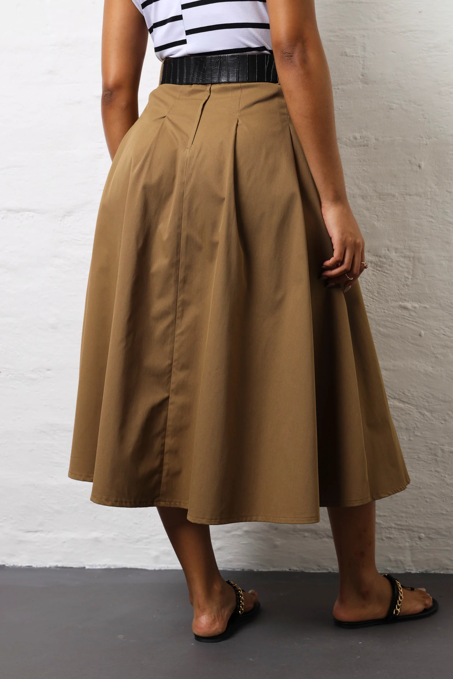 Belted Panel Detail Twill Midi Skirt - Olive - Image 4