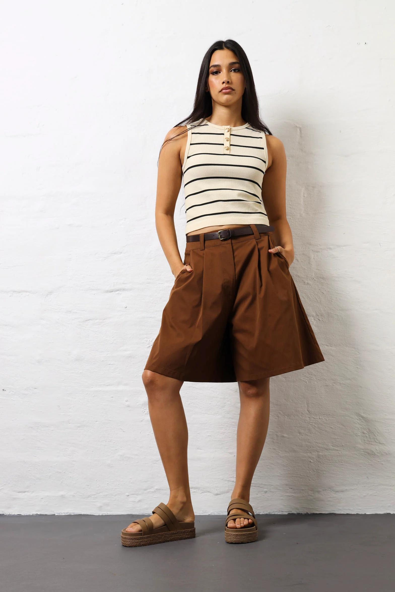 Belted Pleat Front Bermuda Shorts - Chocolate