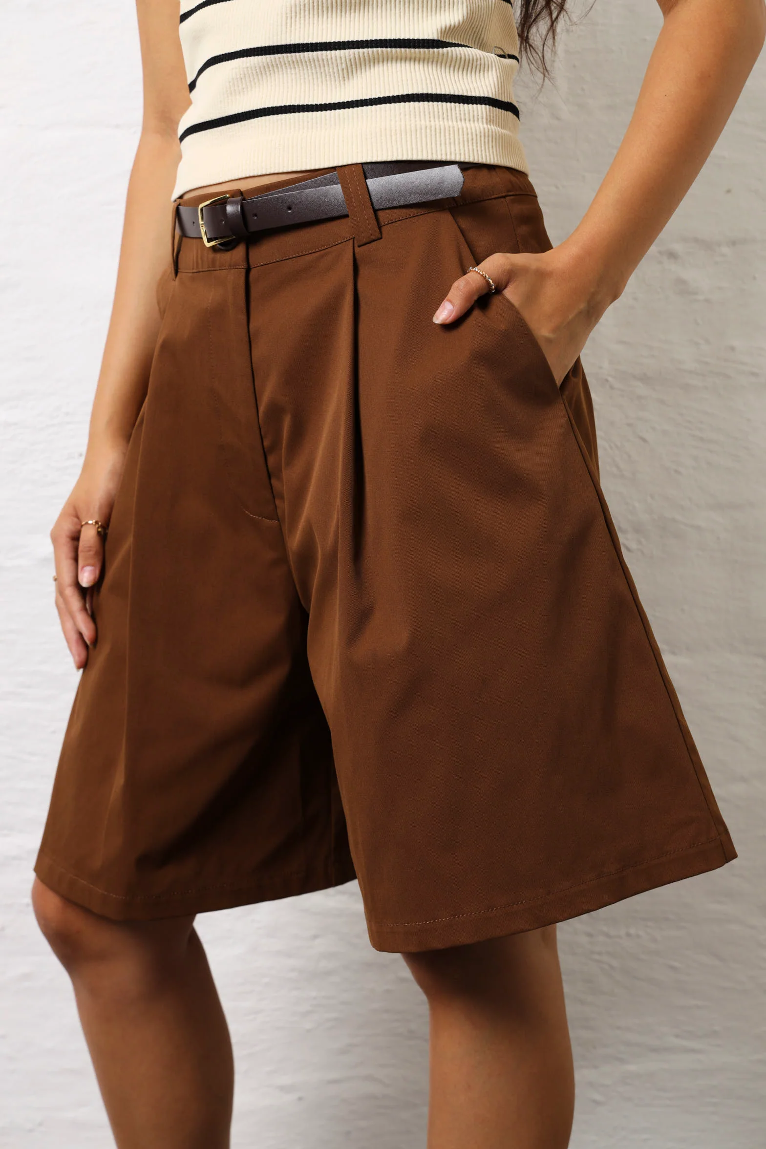 Belted Pleat Front Bermuda Shorts - Chocolate - Image 3