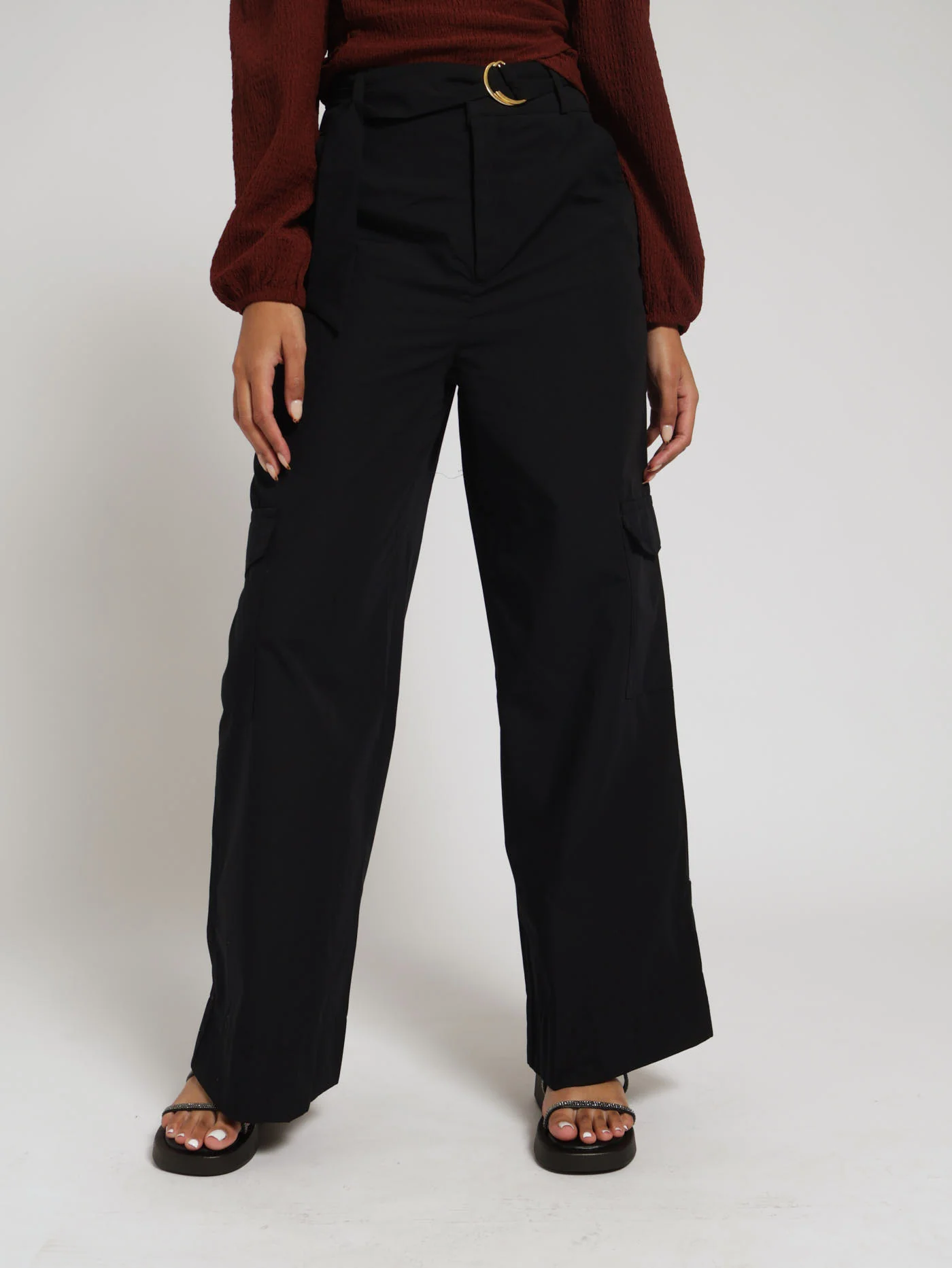 Belted Poplin Wideleg Pants - Black