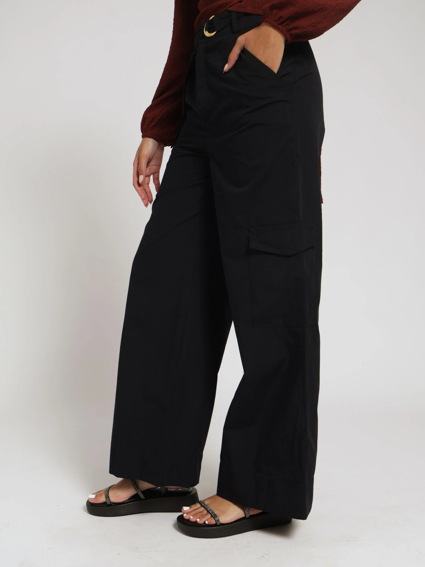 Belted Poplin Wideleg Pants - Black - Image 2