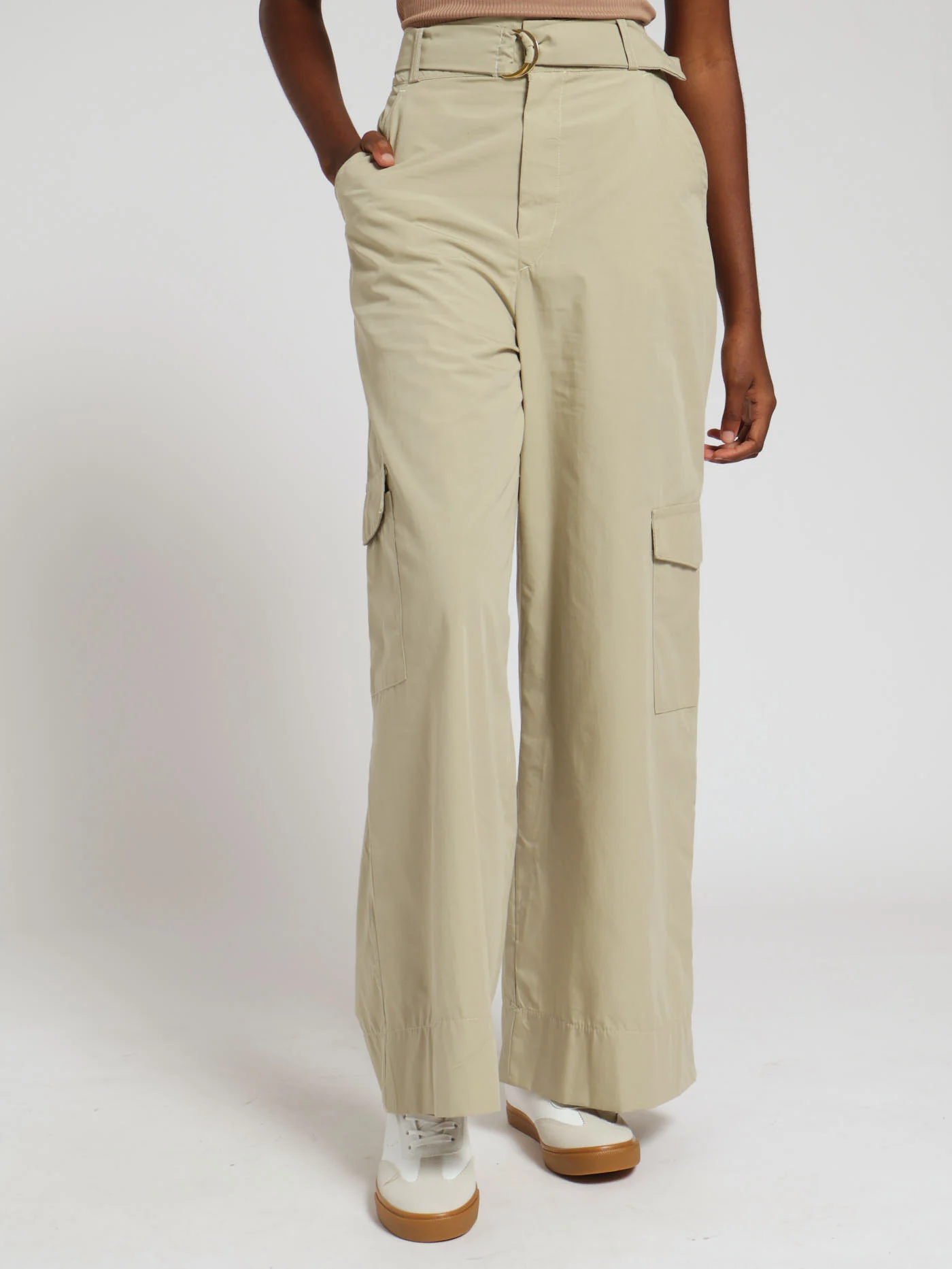 Belted Poplin Wideleg Pants - Fatigue
