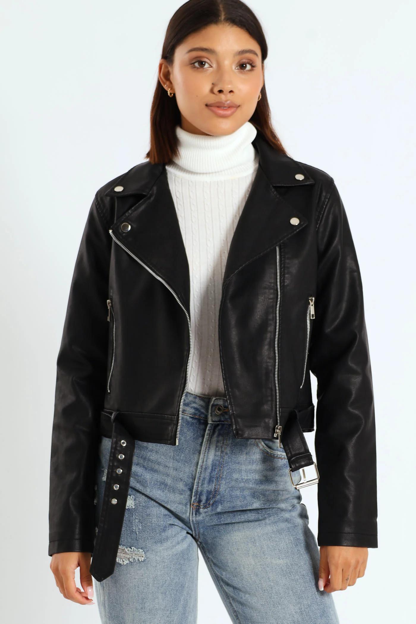 Belted Pu Biker Jacket - Black