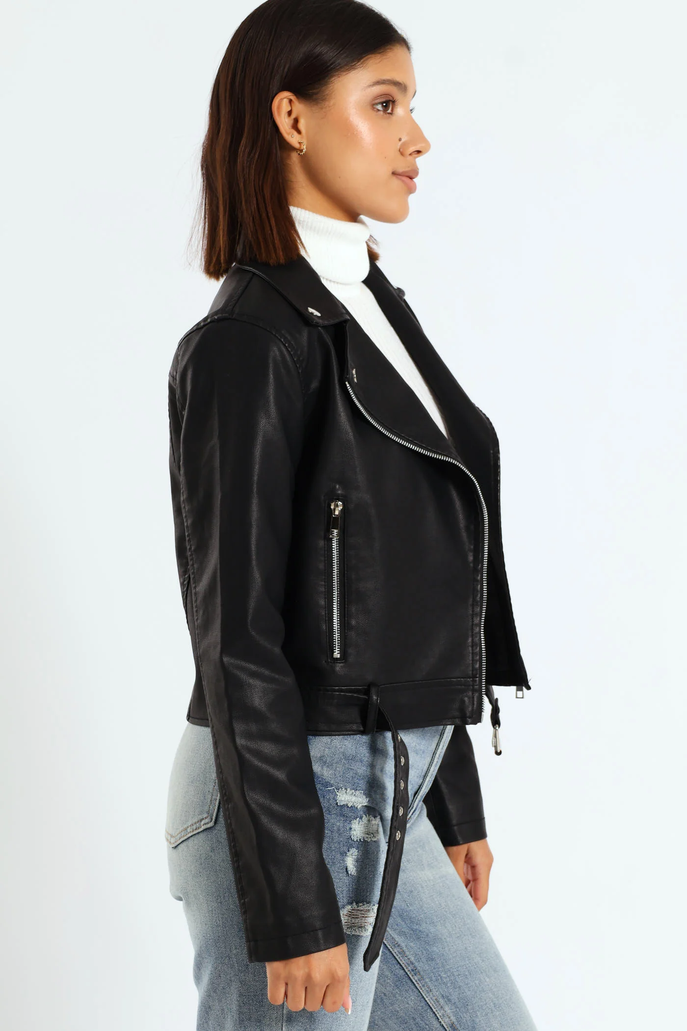 Belted Pu Biker Jacket - Black - Image 2