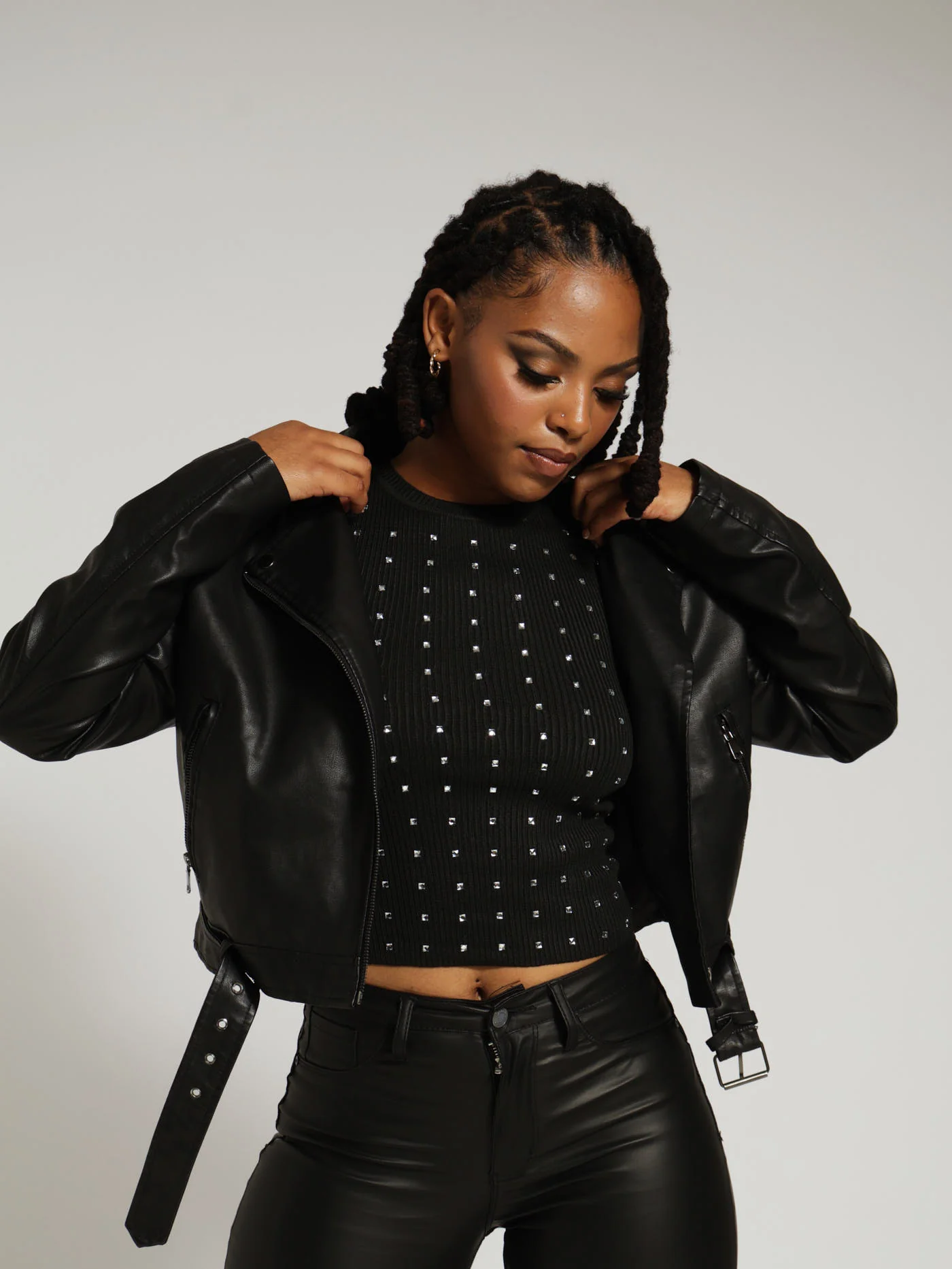 Belted Pu Biker Jacket - Black - Image 2