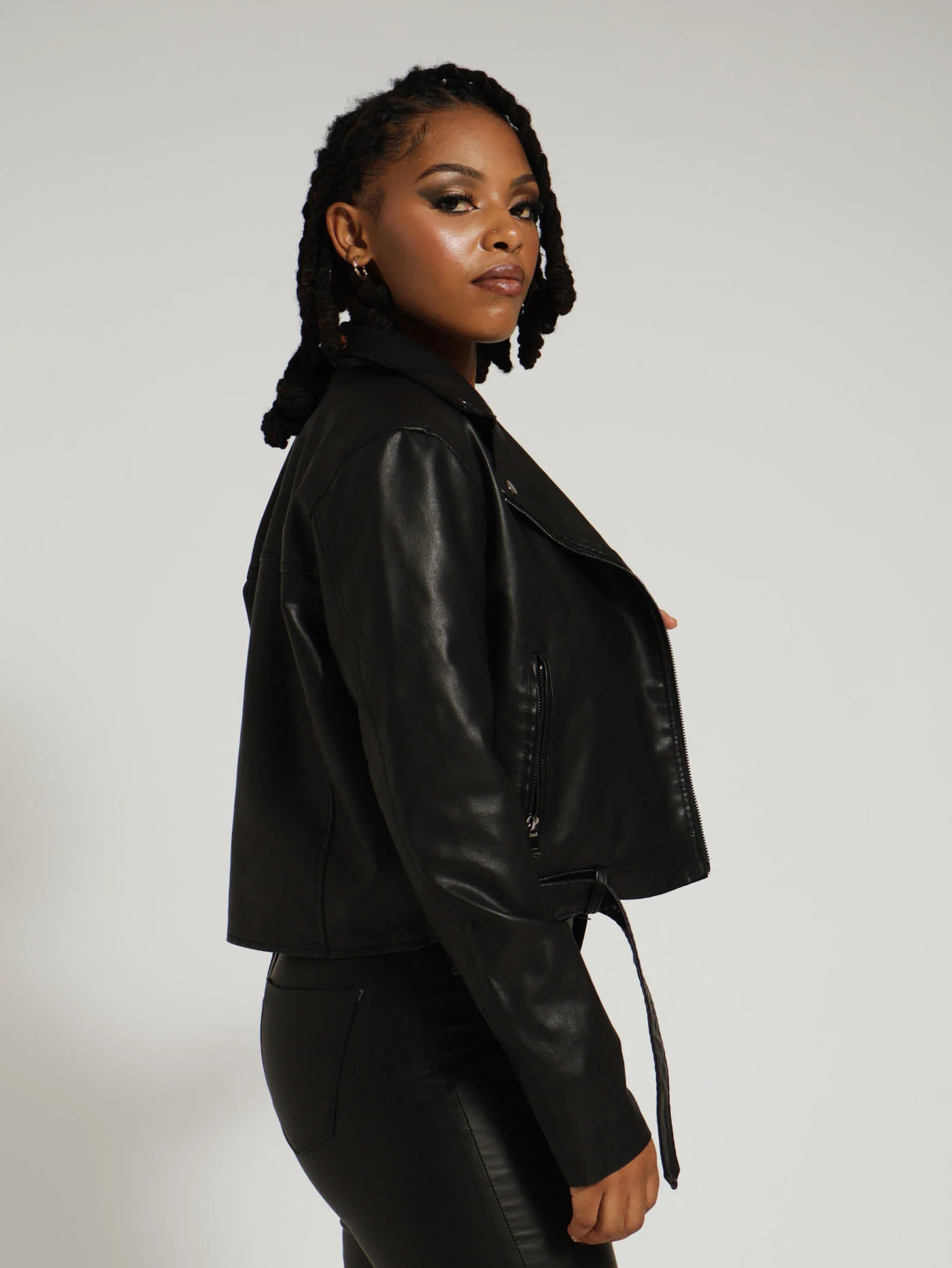 Belted Pu Biker Jacket - Black - Image 3