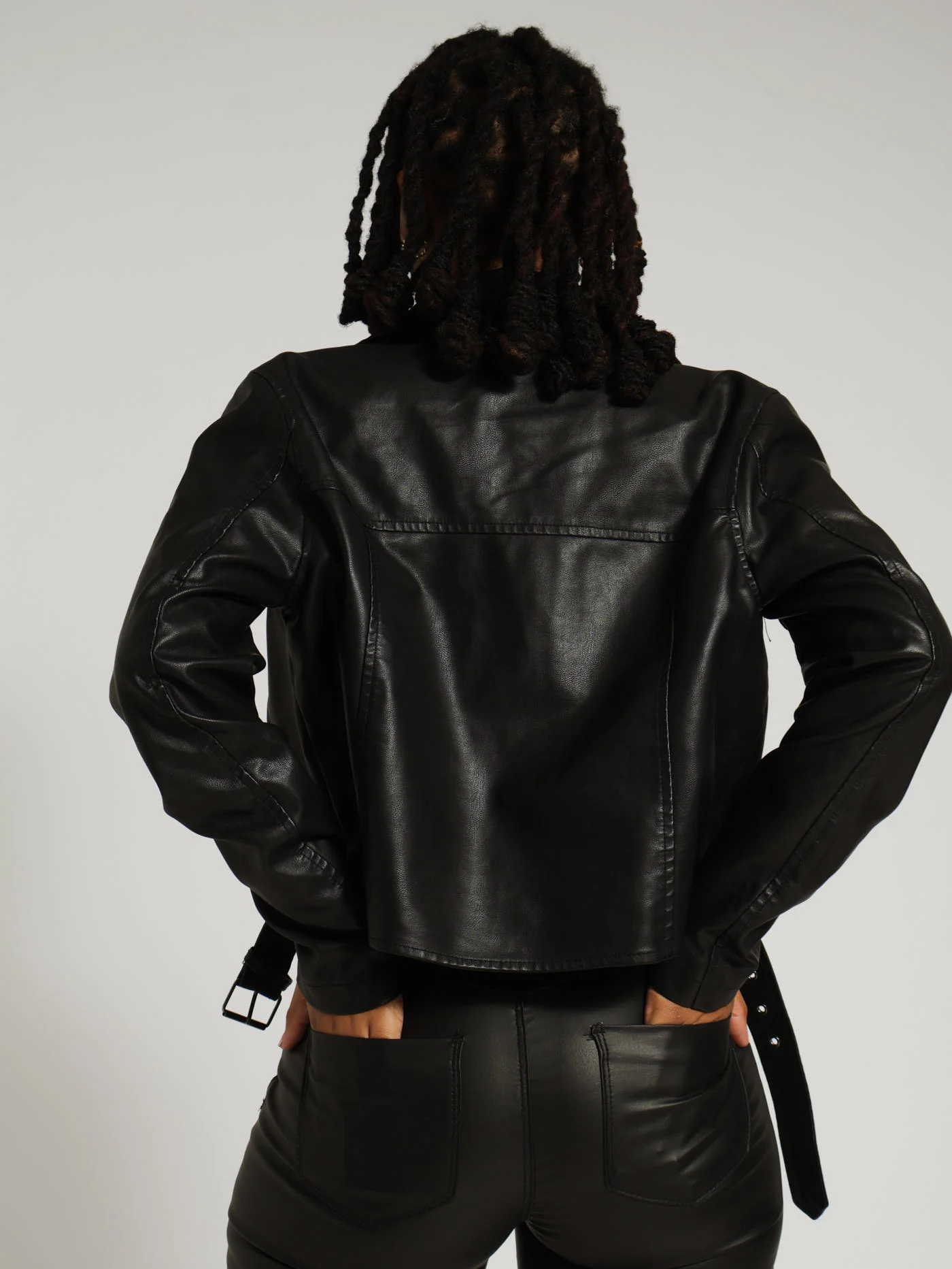 Belted Pu Biker Jacket - Black - Image 4