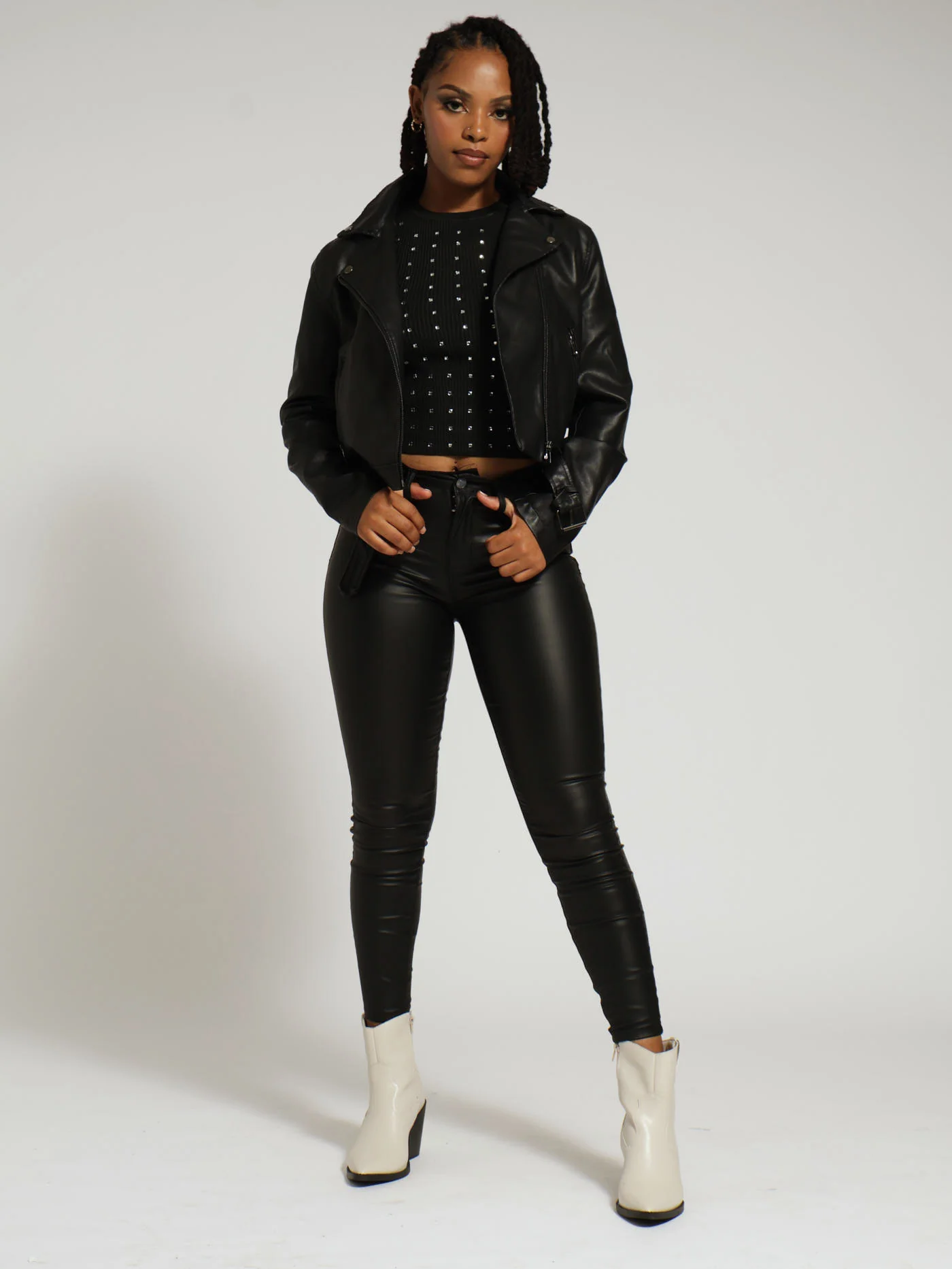 Belted Pu Biker Jacket - Black - Image 5