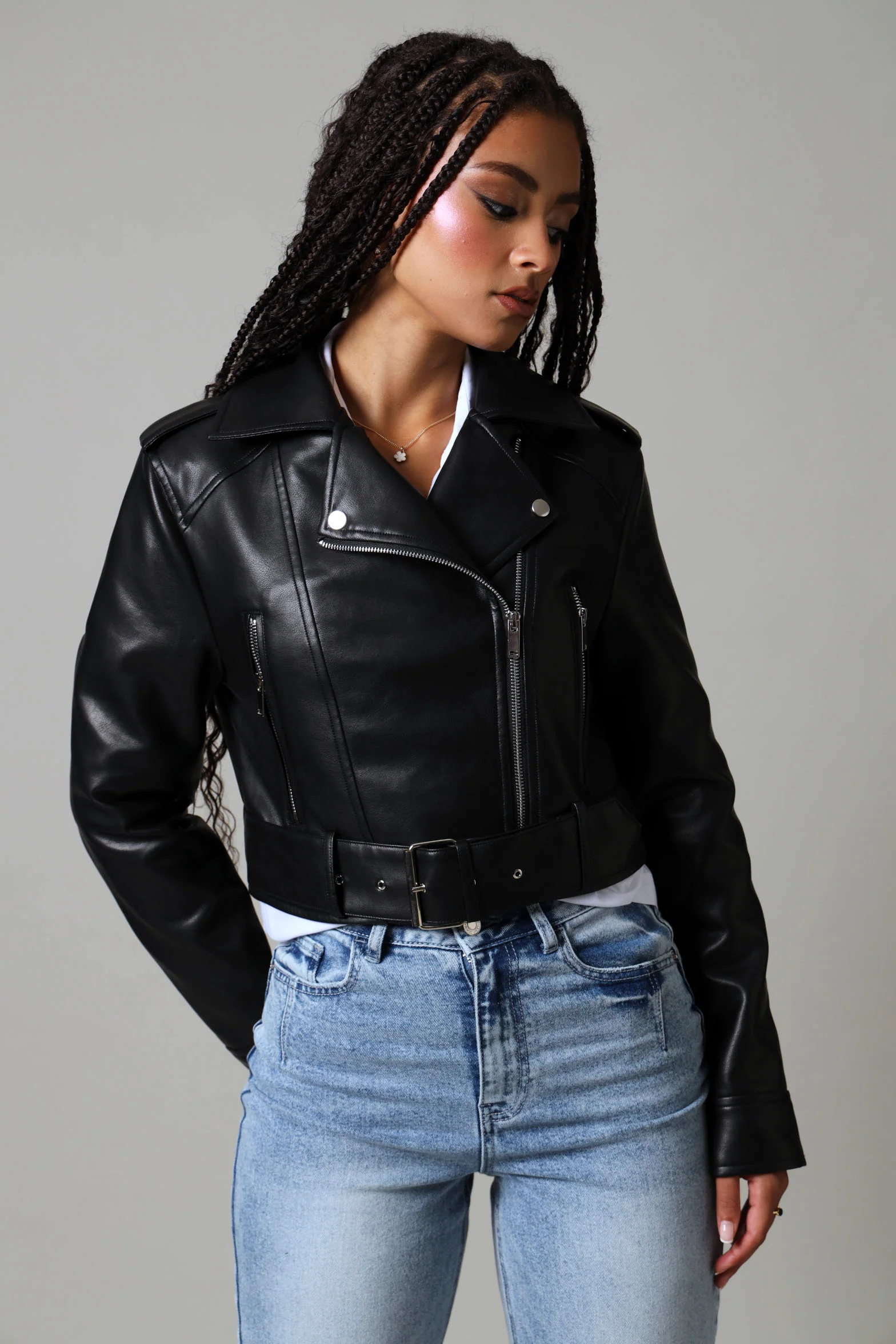 Belted Pu Biker With Silver Detail - Black