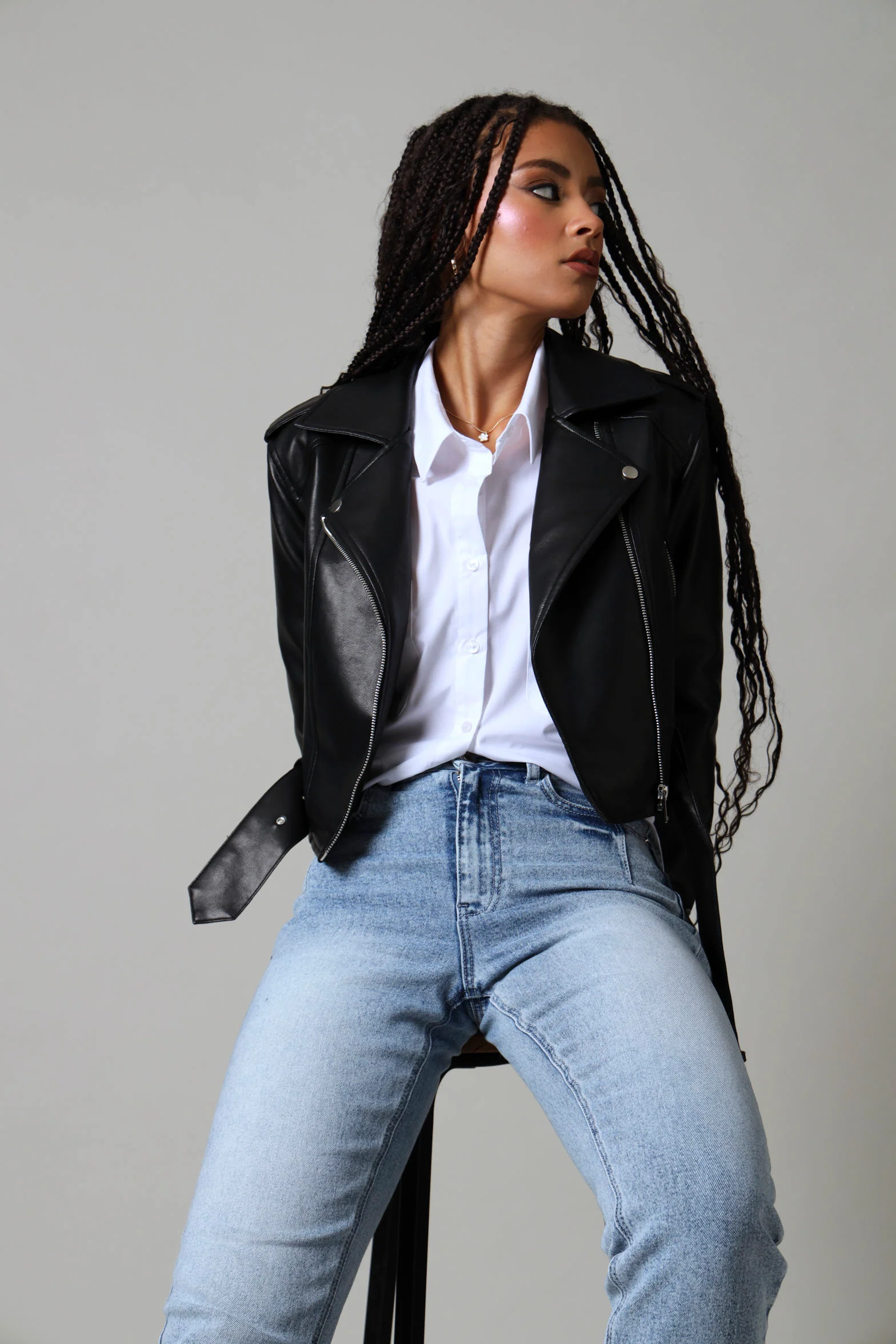 Belted Pu Biker With Silver Detail - Black - Image 3