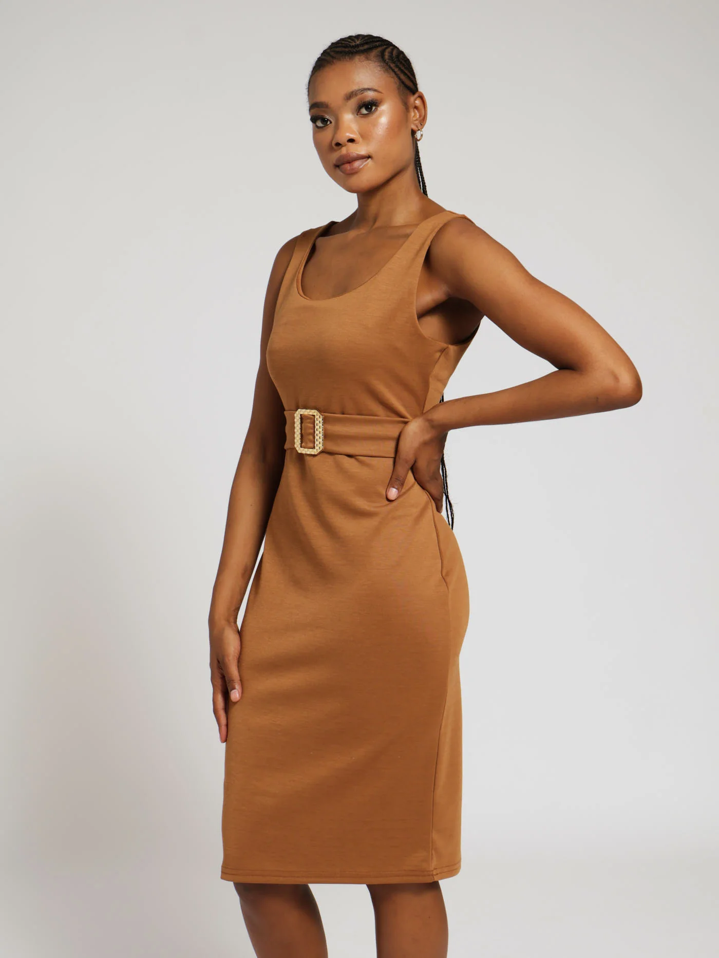Belted Sleeveless V-Neck Bodycon Dress - Brown - Image 2