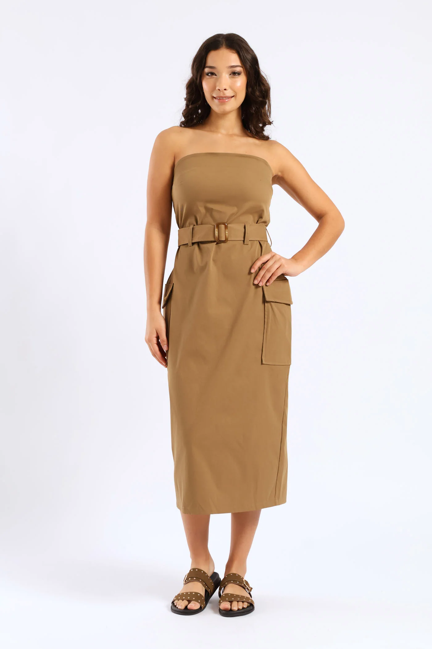 Belted Strapless Utility Midi Dress - Olive