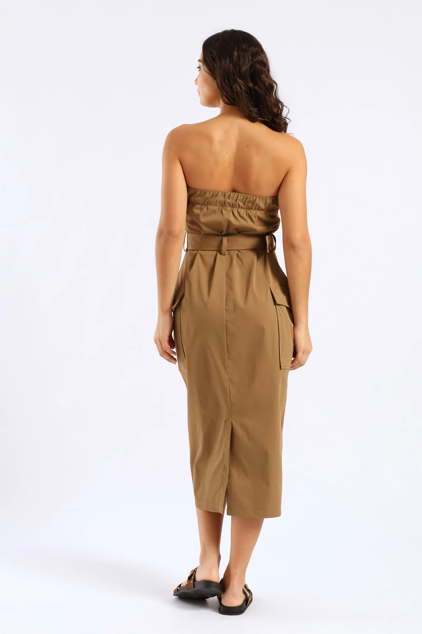 Belted Strapless Utility Midi Dress - Olive - Image 2