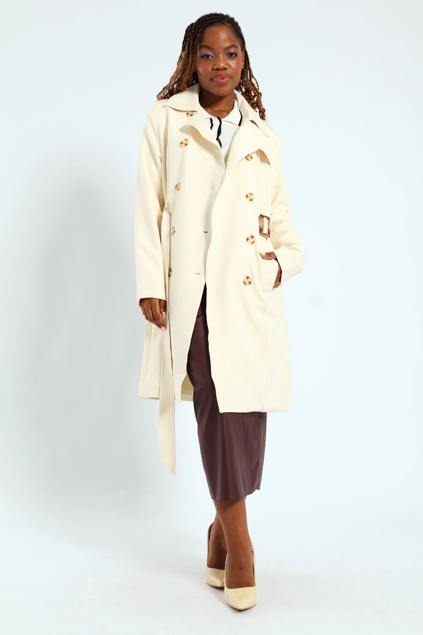 Belted Trench Coat - Cream - Image 2