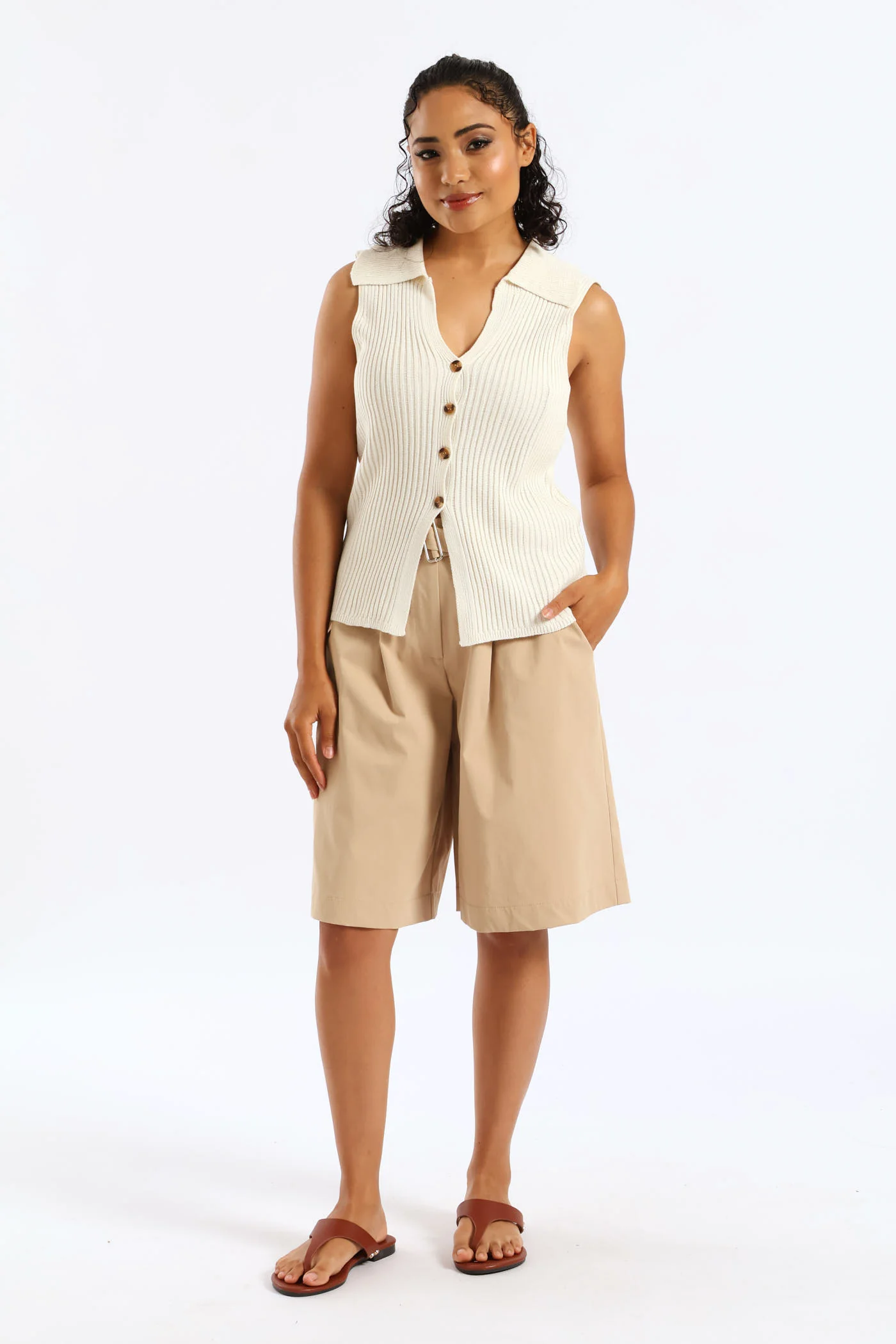Belted Twill Bermuda Shorts - Stone - Image 5