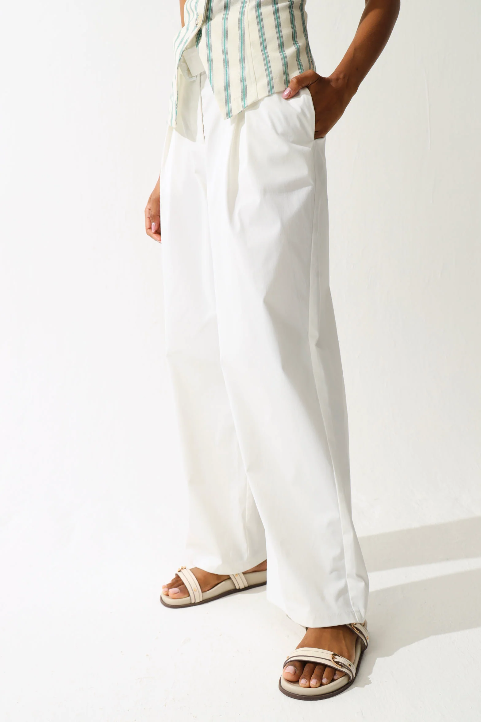 Belted Twill Wide Hem Pants - White - Image 5