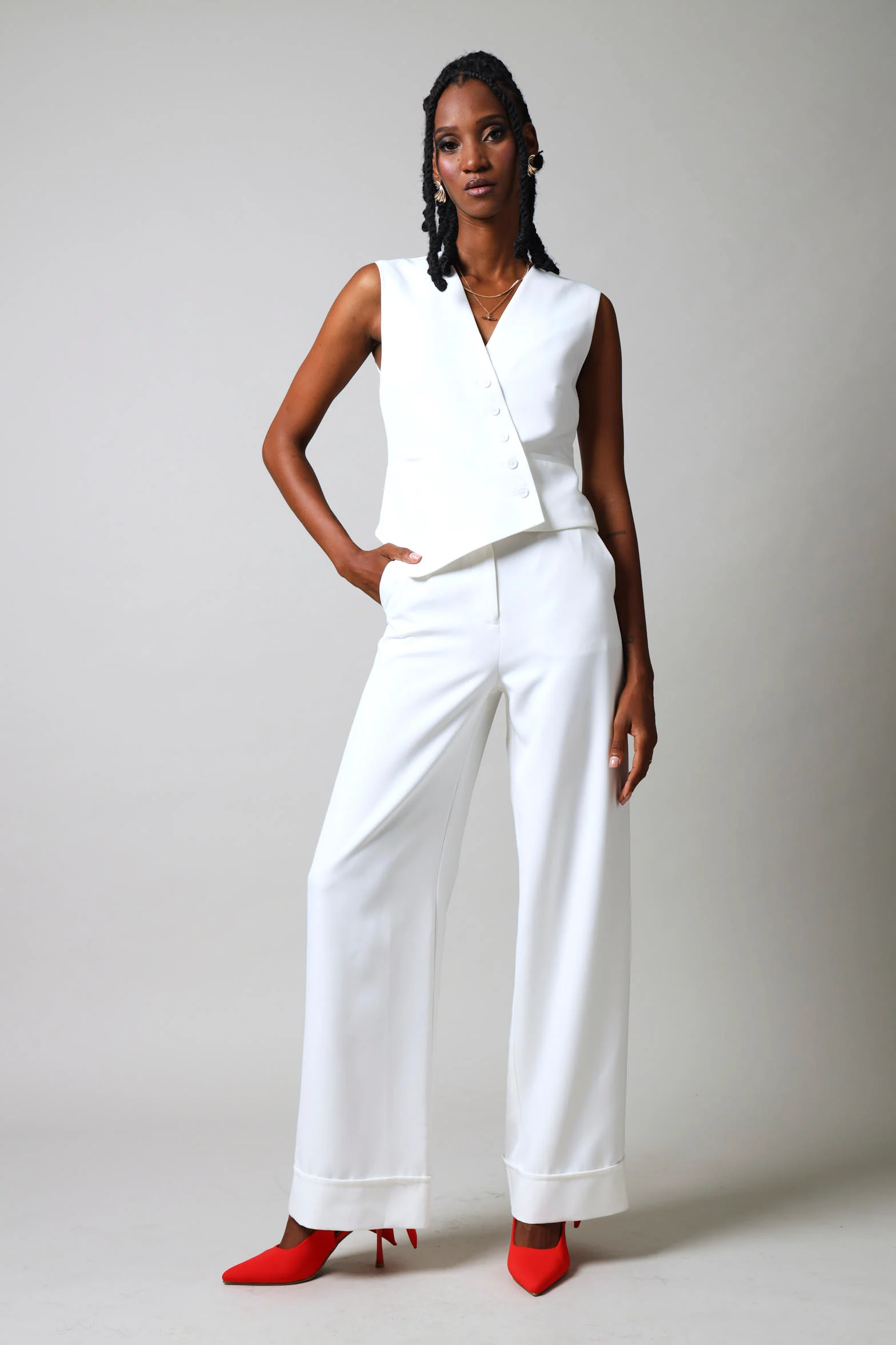Belted Wide Leg Pants - White - Image 6
