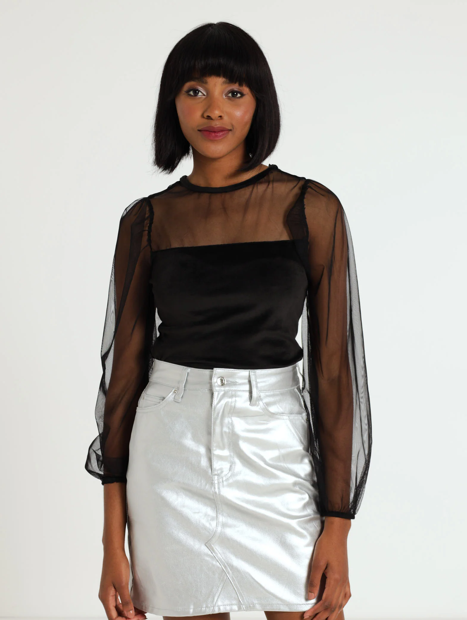 Black Velour Mesh Combo Top