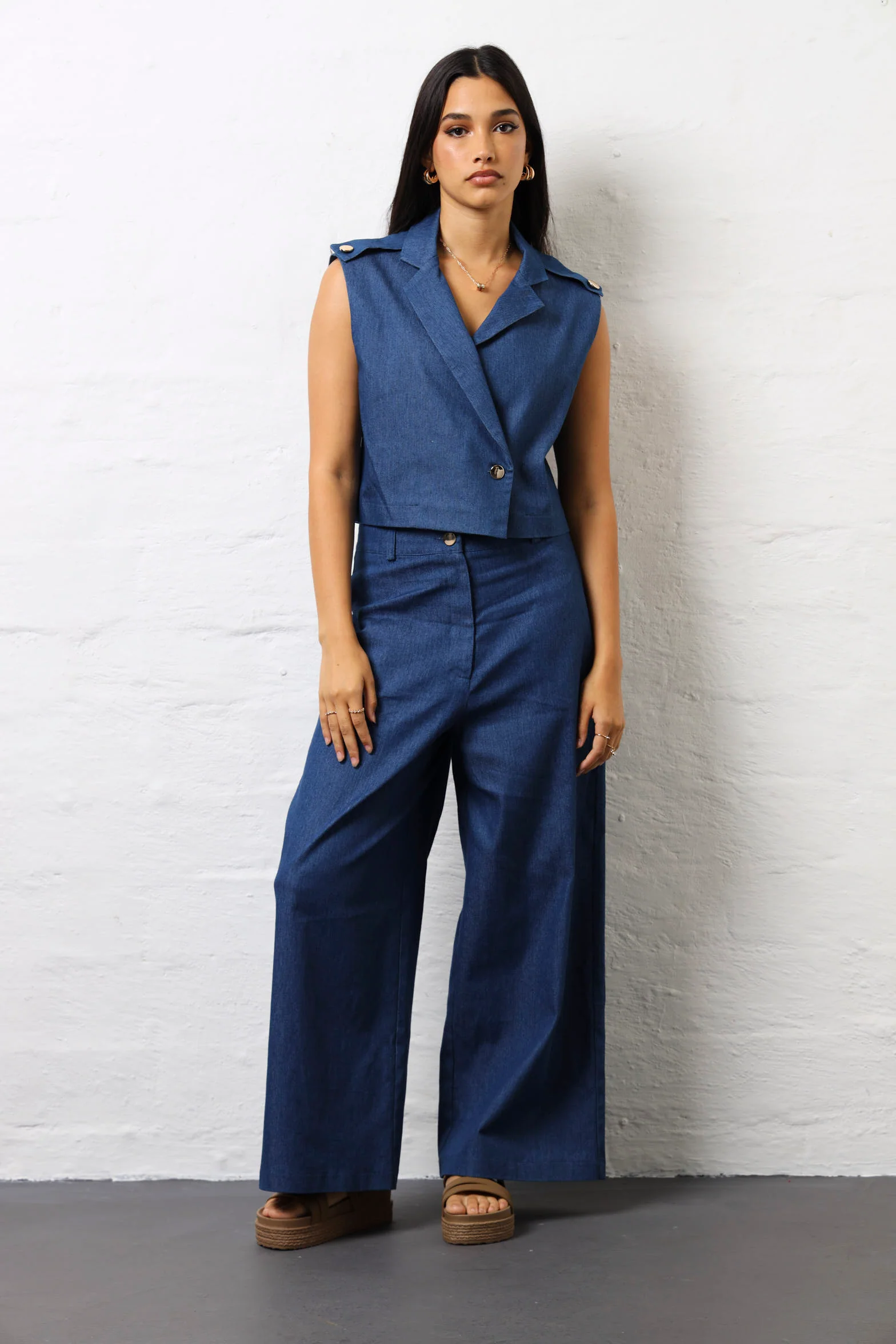 Blazer Look Chambray Top - Dark Wash