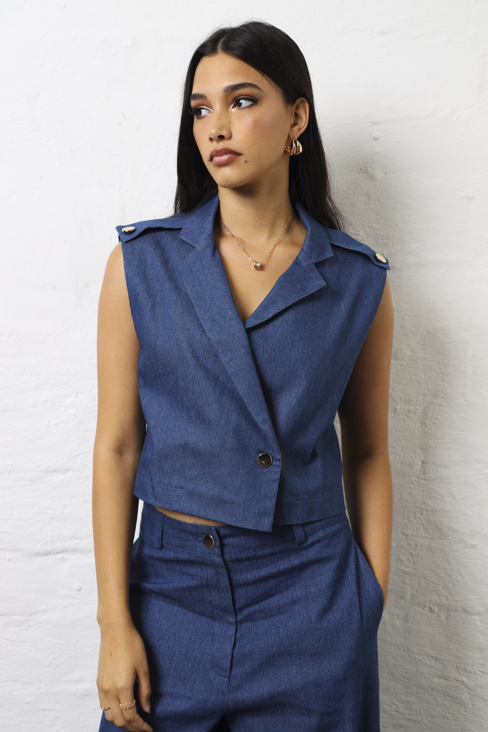 Blazer Look Chambray Top - Dark Wash - Image 2