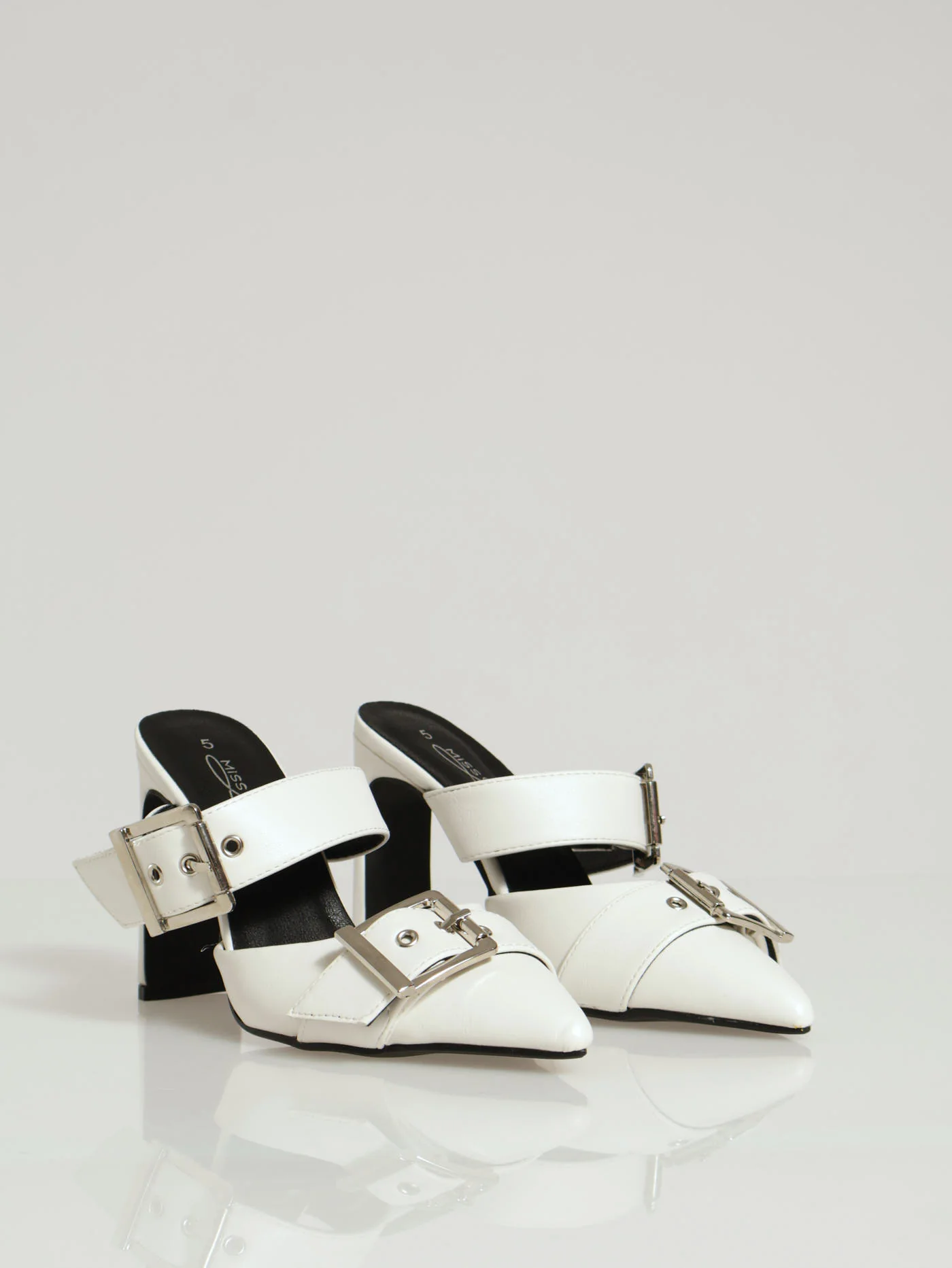Block Court Heel With Chunky Buckle Detail - White