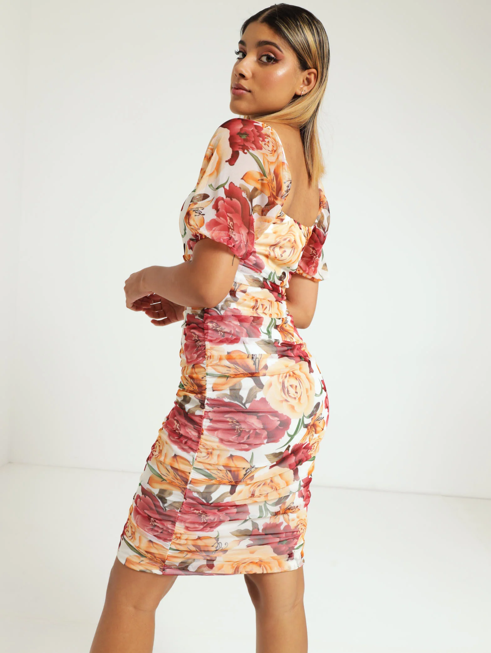 Blousson Sleeve Guaged Mesh Dress - Image 2