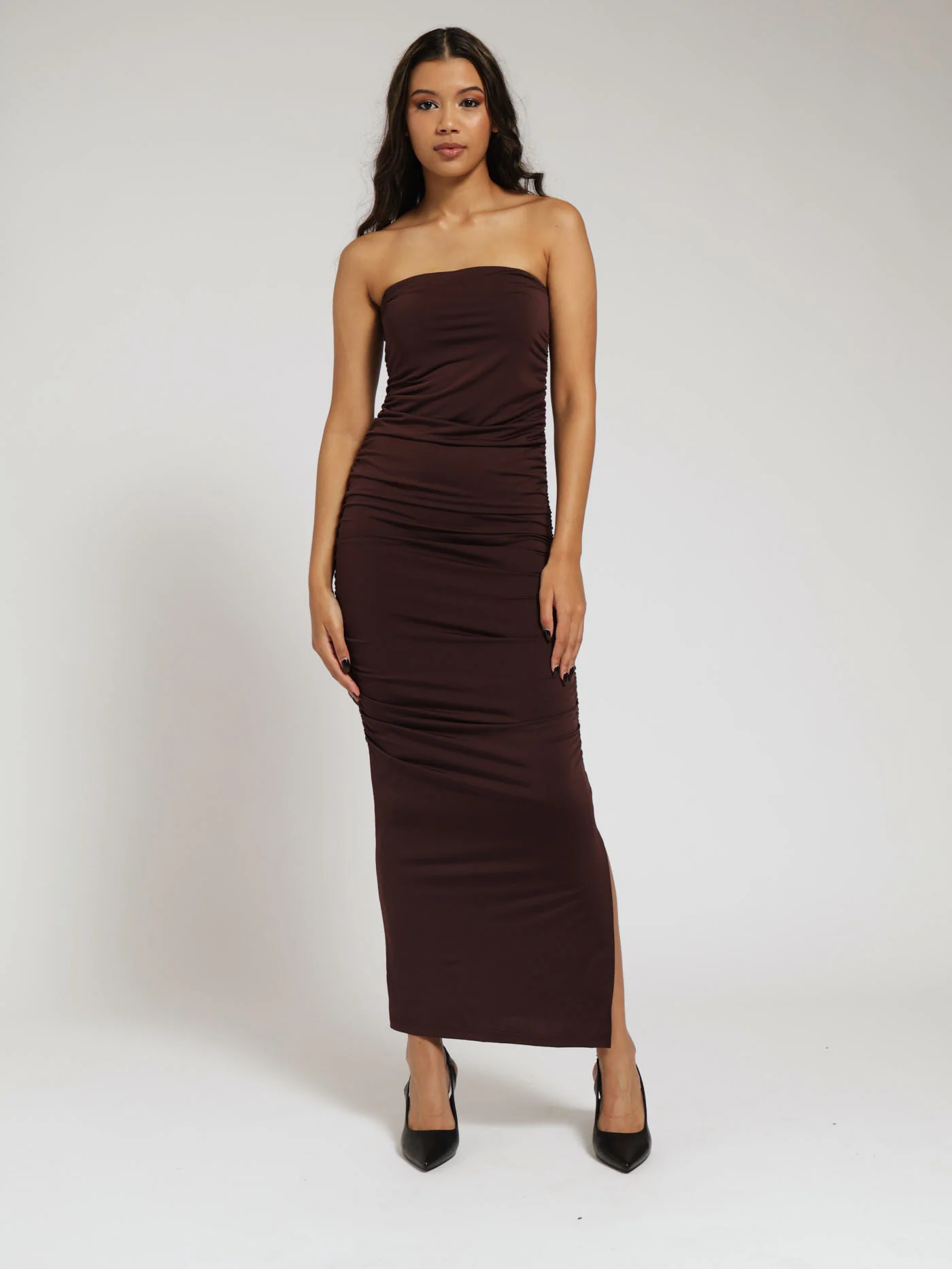 Boobtube Side Gather Slinky Dress - Brown