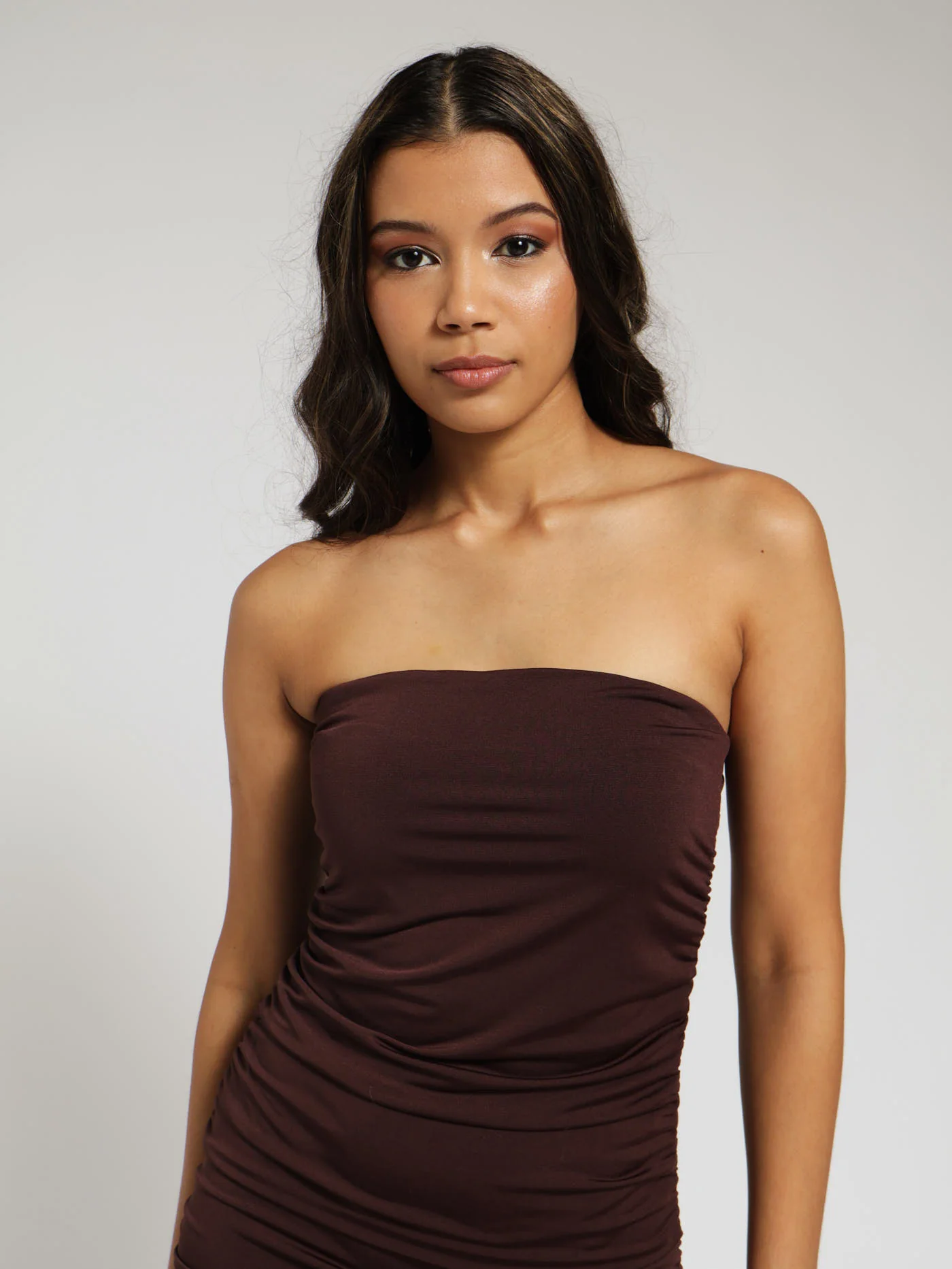 Boobtube Side Gather Slinky Dress - Brown - Image 5