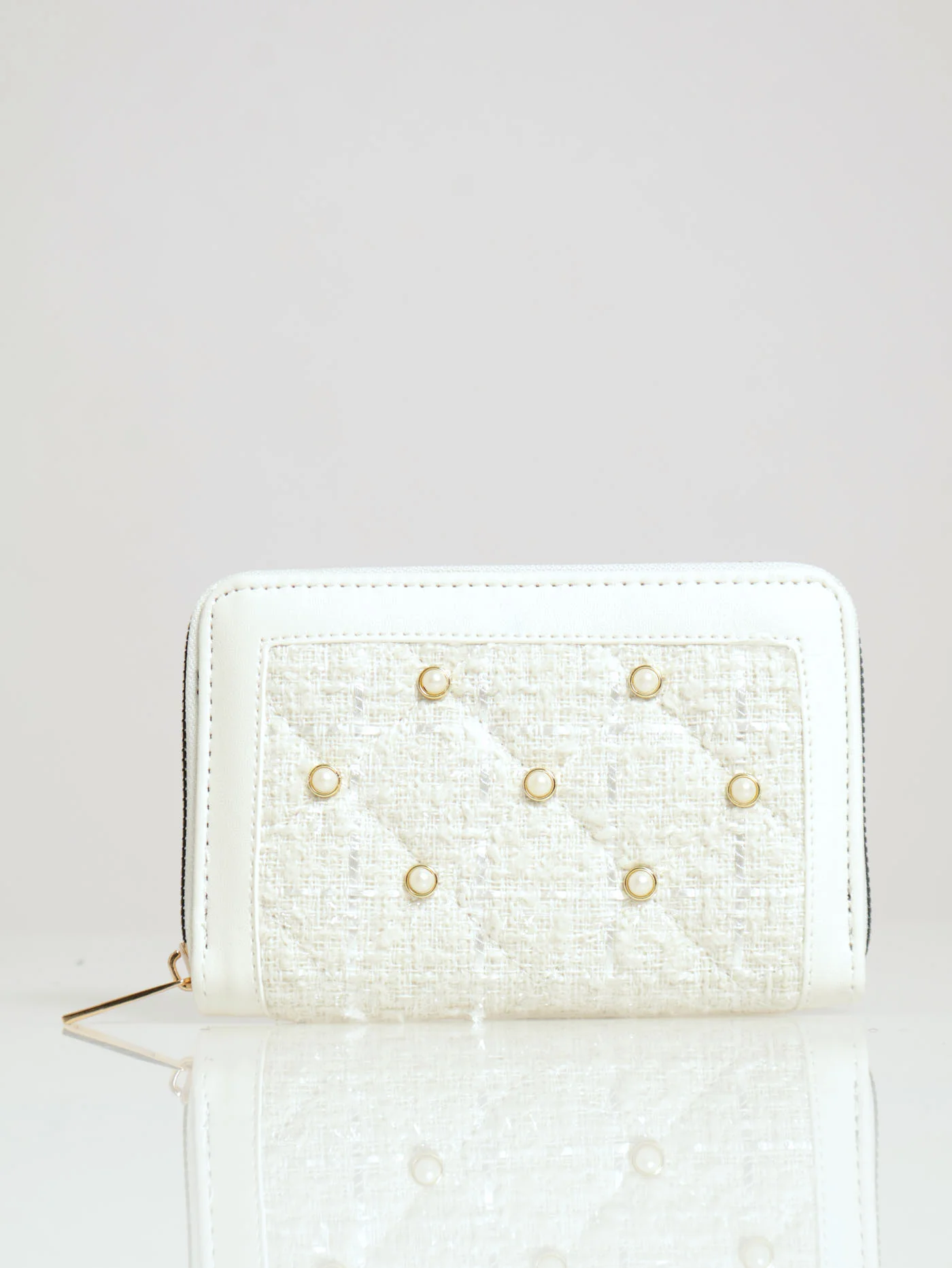 Boucle & Pearl Detail Medium Wallet - Cream