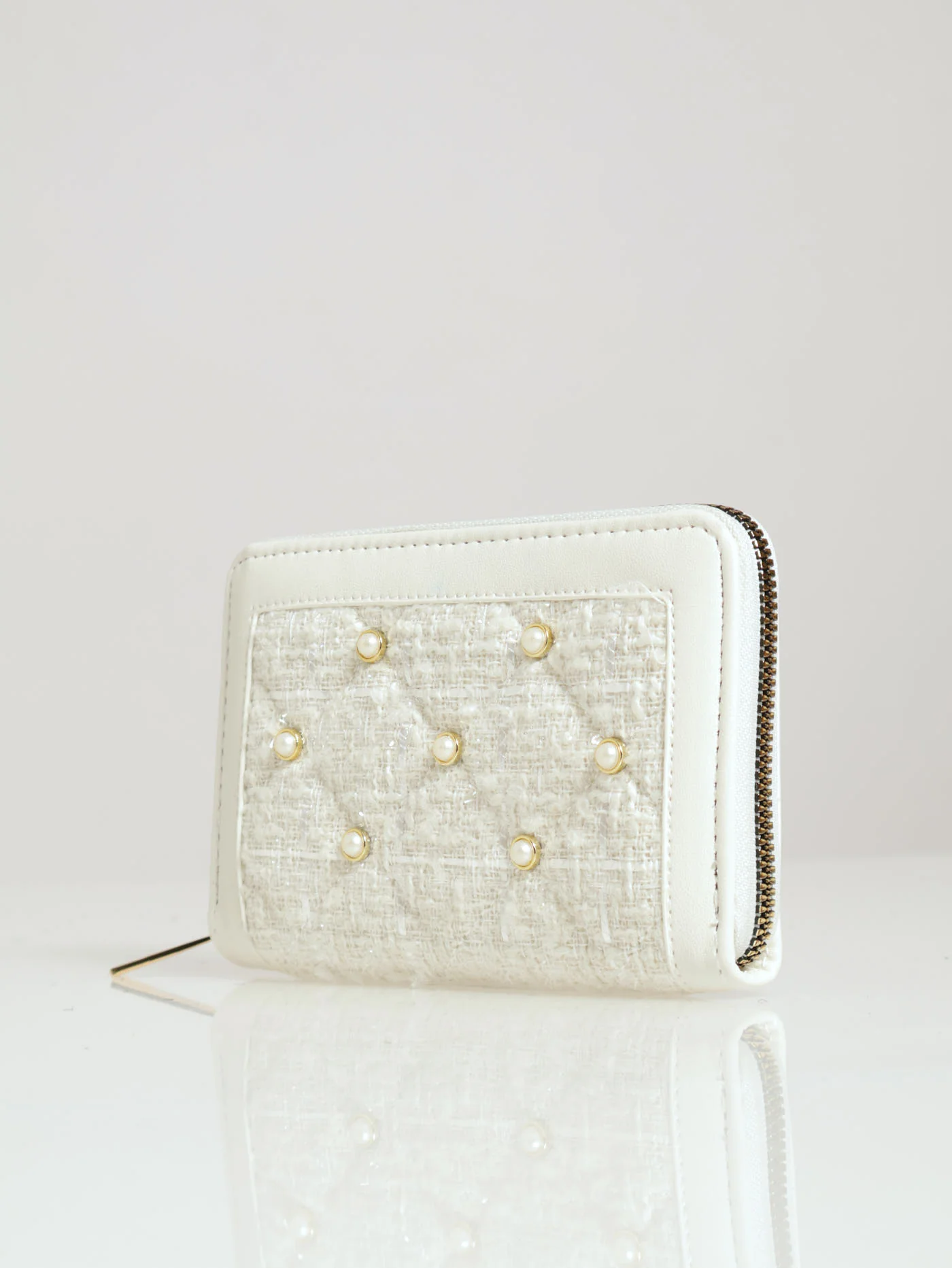 Boucle & Pearl Detail Medium Wallet - Cream - Image 3