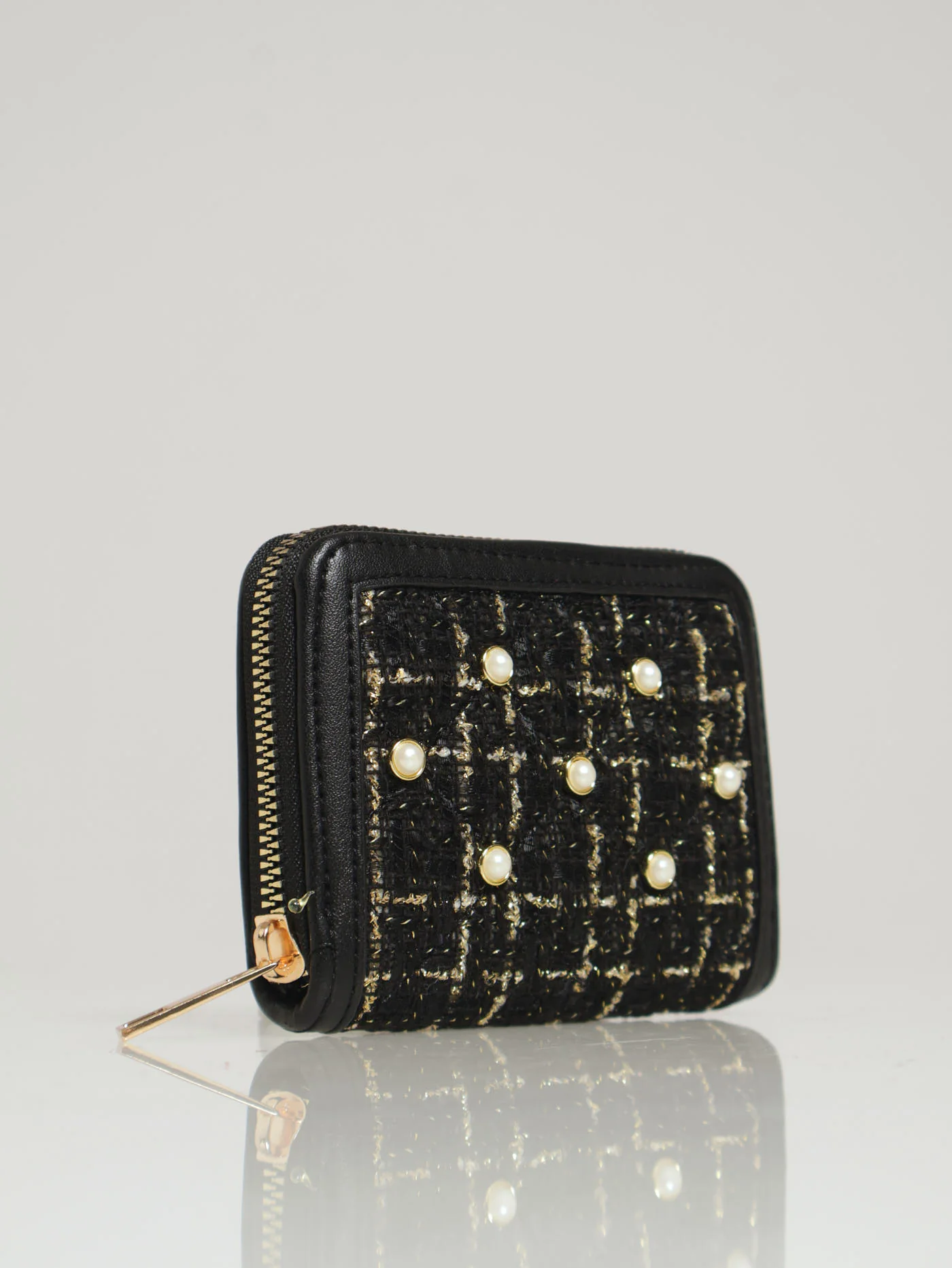 Boucle & Pearl Detail Single Zip Purse - Black - Image 2